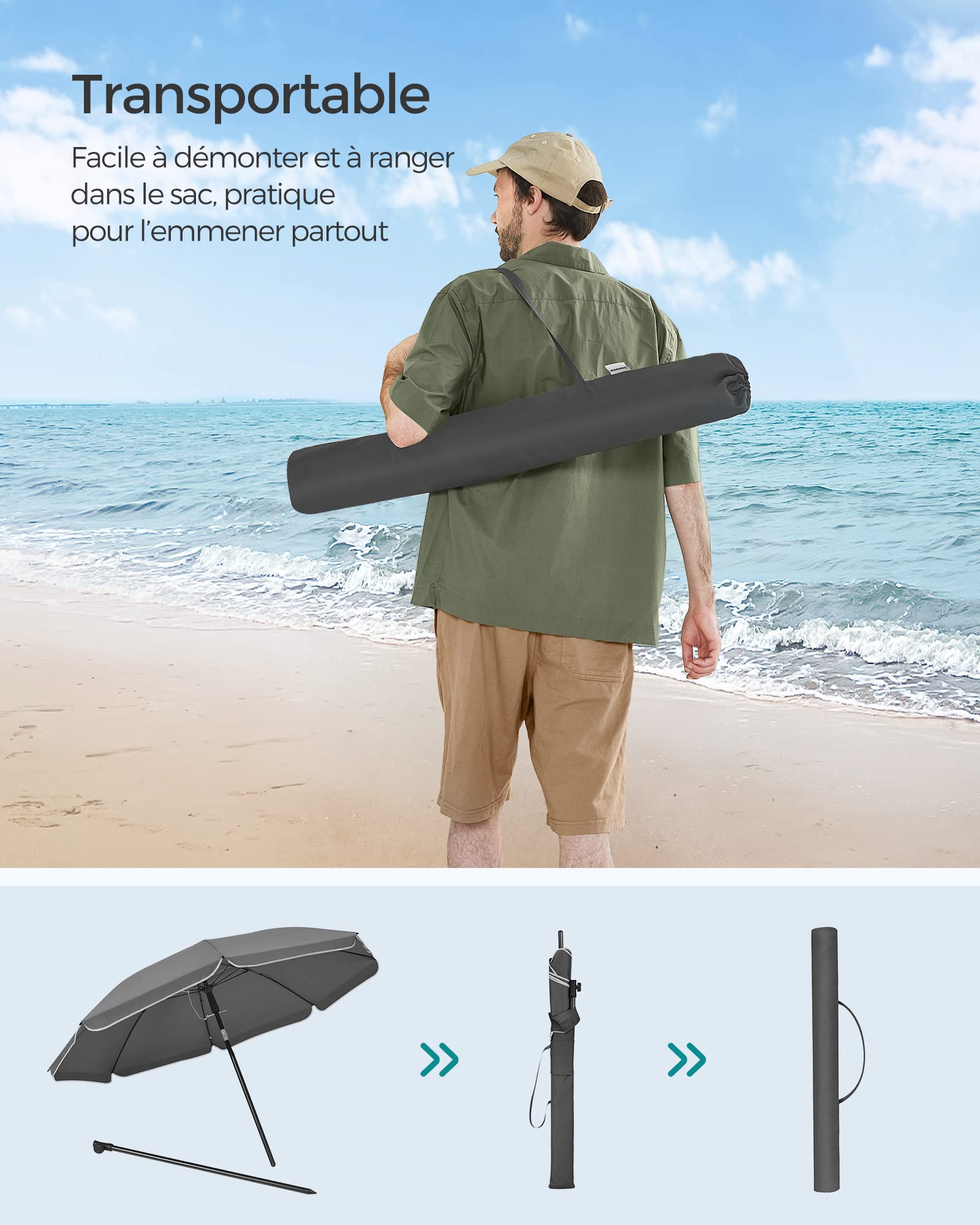 SONGMICS Parasol de 160 cm, Protection Solaire UPF 50+, Inclinable sur 30° dans les 2 sens, Hauteur Réglable, avec Sac de Transport, pour Balcon, Jardin, Terrasse, Plage, sans Base, Gris GPU060G01