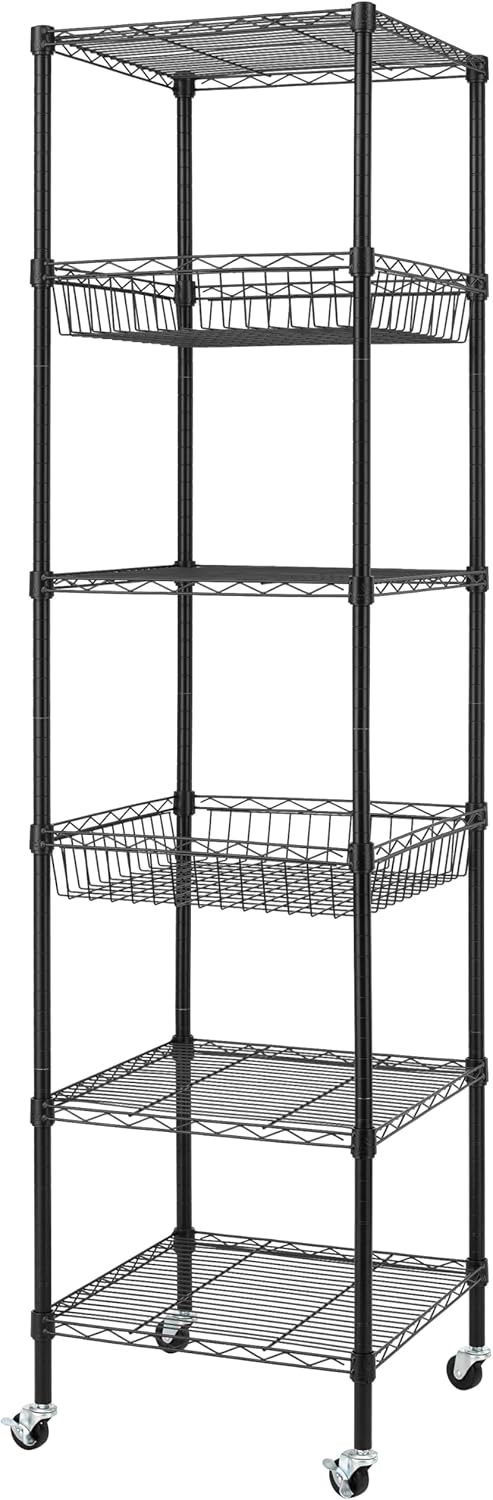 Finnhomy Heavy Duty 6 Tier Wire Shelving Unit with Wheels 18x18x72-inches 6 Shelves Metal Storage Rack Thicken Steel Tube, Adjustable Shelving Rack for Kitchen Bathroom Office, NSF Certified, Black 72"H Black