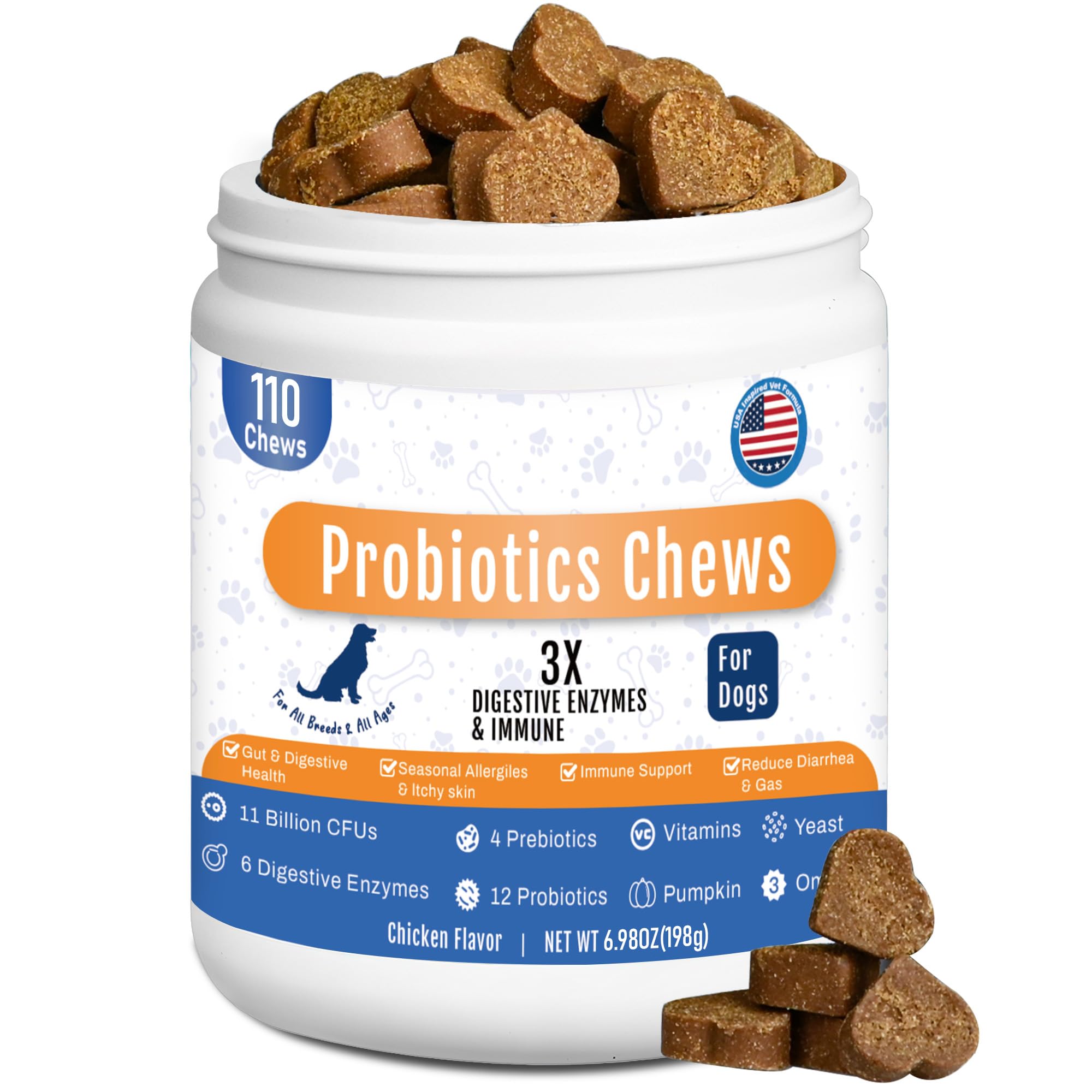 Probiotics for Dogs Dog Probiotic Chews for Yeast Gut Digestive & Immune Health, Itch Relief Ears Skin & Coat with 11Billion CFU Probiotics, 6 Enzymes& 4 Prebiotics, Pumpkin, Omegas & Vitamins,110ct