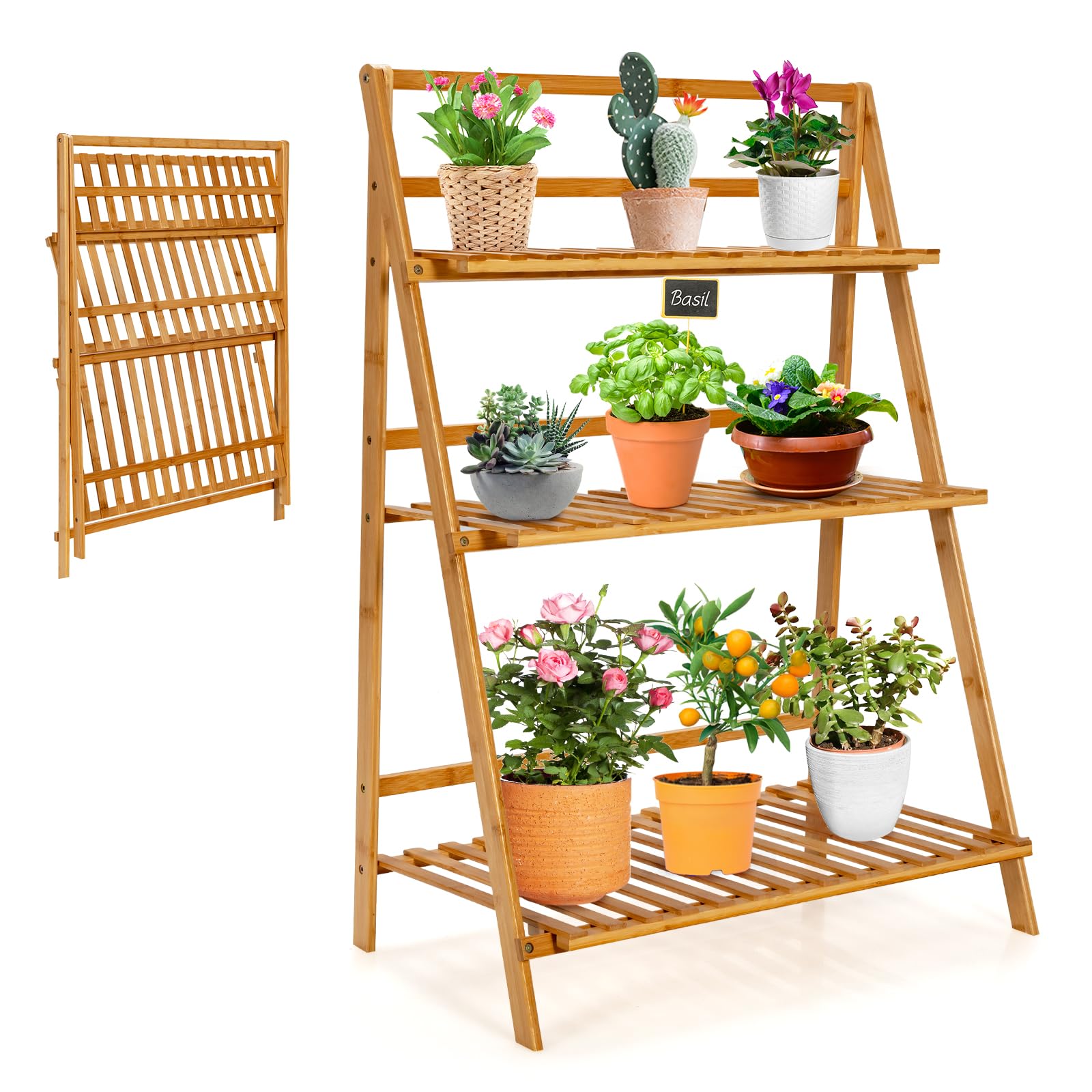 HOMASIS Pflanzregal mit 3 Ebenen, Faltbares Blumenregal, Bambus-Pflanzenständer Outdoor Indoor, Leiterregal für Garten Balkon Terrasse Patio, 70 x 38 x 95,5 cm, Natur