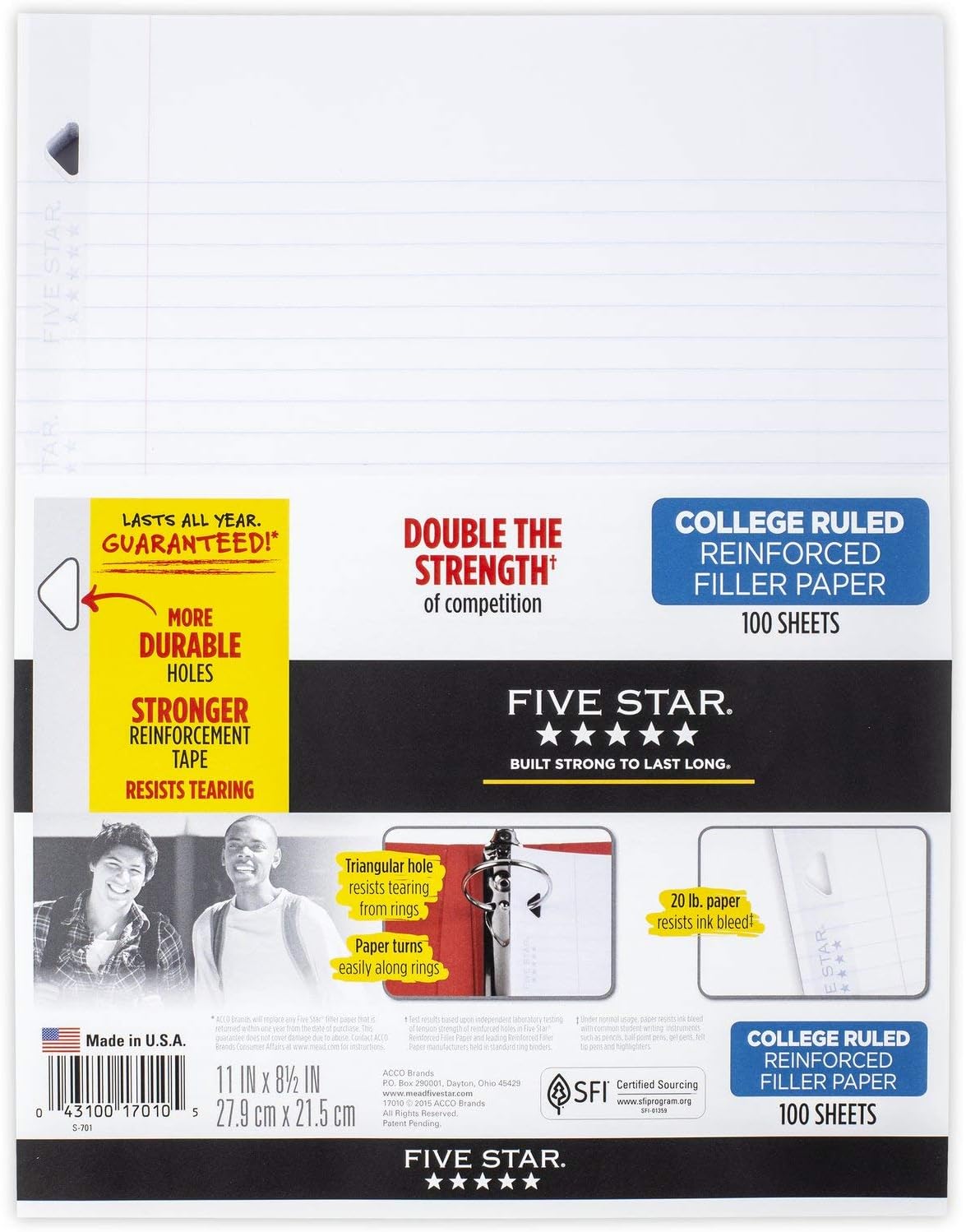 Five Star Loose Leaf Paper, 3 Hole Punched, Reinforced Filler Paper, College Ruled, 11" x 8-1/2", 100 Sheets/Pack, 12 Pack (72855)