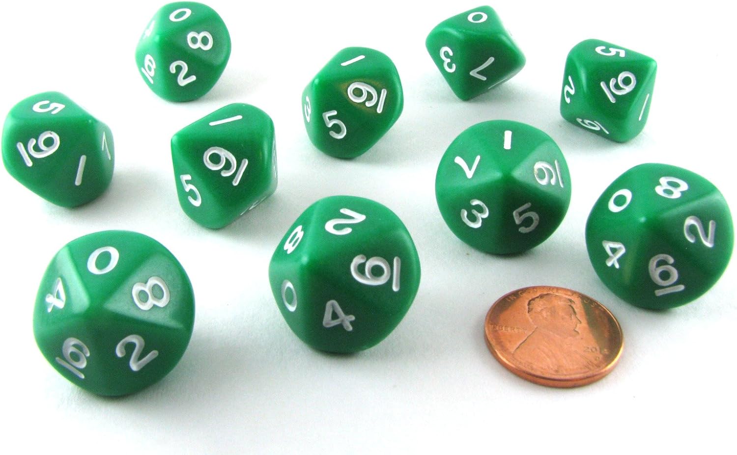 10 Piece Set of 10-Sided D10 Polyhedral Dice - Green with White Numbers