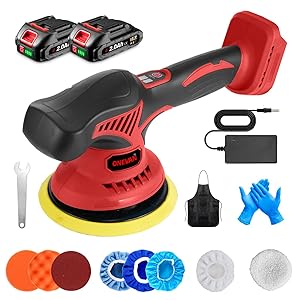 ONEVAN pulidora coche inalambrica 150mm, 20V pulidora bateria con 2 baterías de 2,0Ah, 8 velocidades variables, sin escobillas, pulido de órbita aleatoria de 9mm, Pantalla LCD, pulidora orbital coche