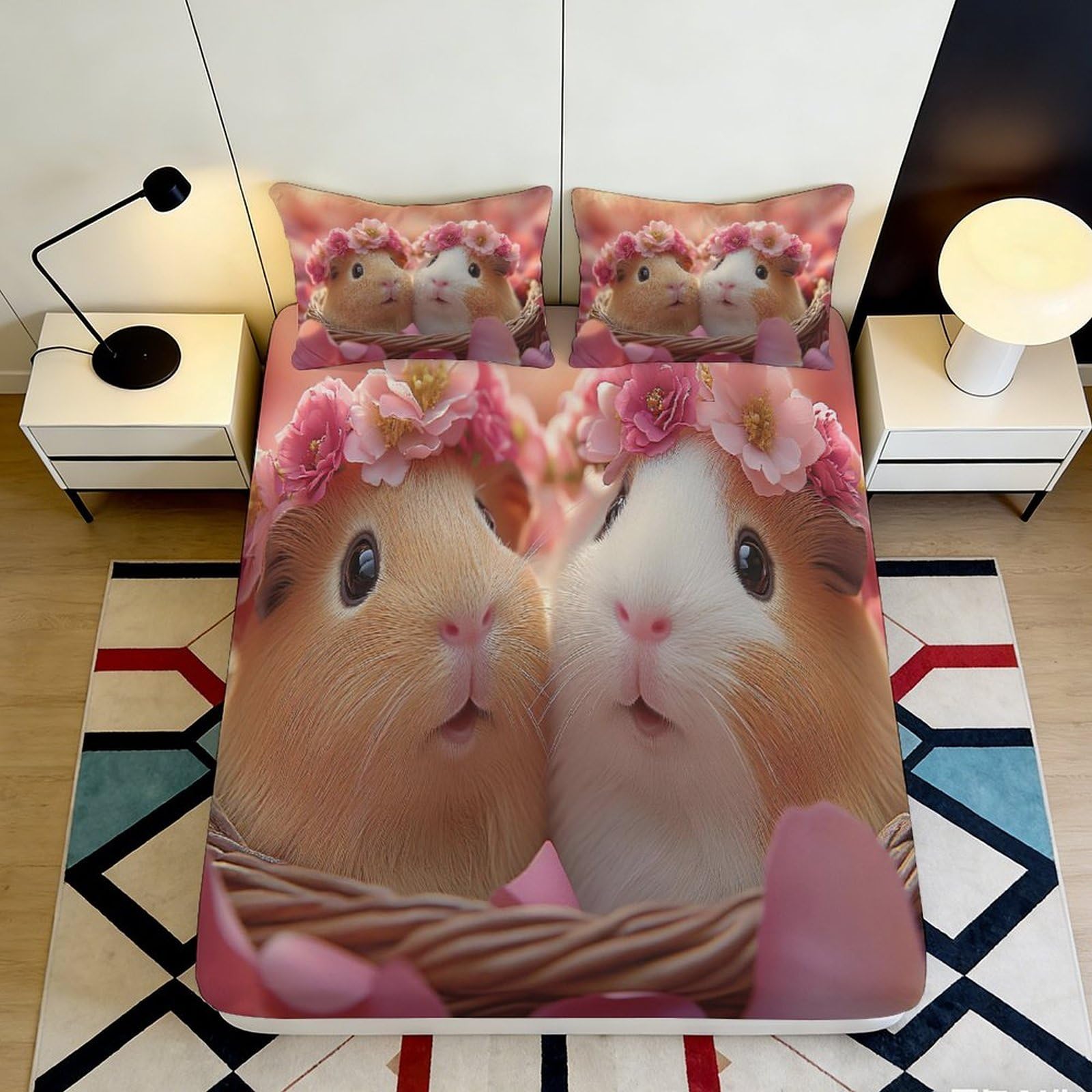3D Printed Cute Guinea Pig Fitted Sheet Microfiber Pink Floral Crown Mattress Cover Non-Slip Dorm Bedroom Decor Easy Care 160x200x25cm