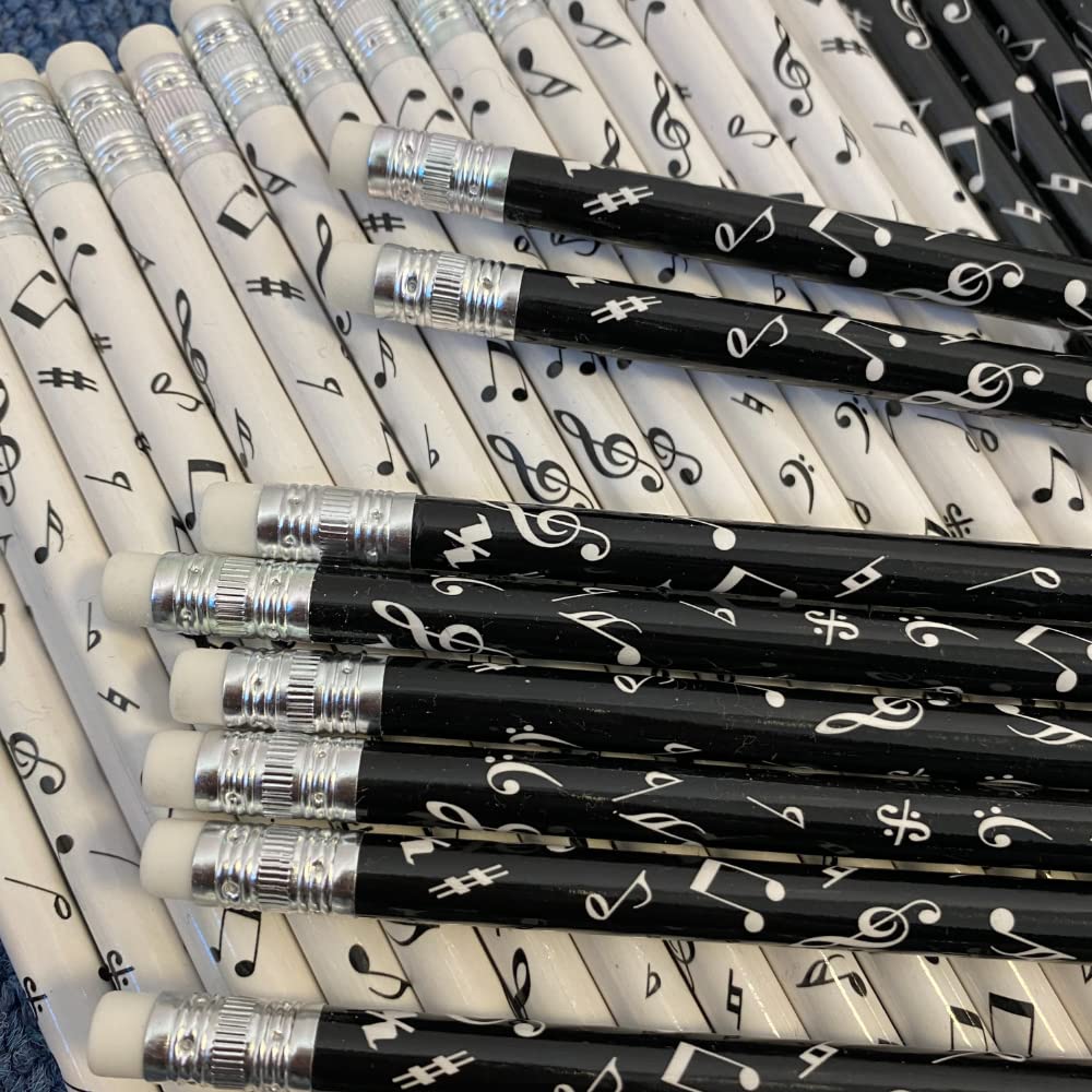 PartyErasers Music Themed Stationery - Mixed Black and White Musical Notes Pencils with Eraser on Top (60pcs) Party Pack - Image 2