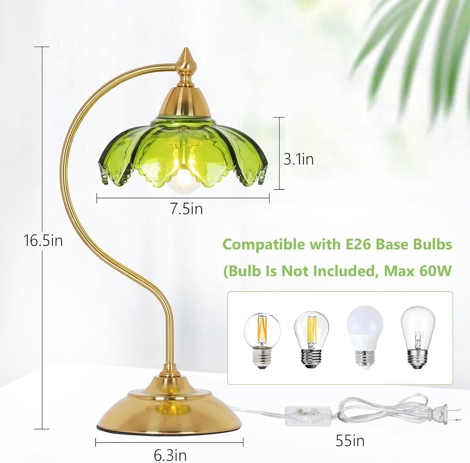Glass Beside Table Lamp for Bedroom, Plug In Gold Desk Lamp, Vintage Flower Nightstand Lamp, Table Lamps for Living Room, Small Desk Lamps for Home Office, Green Table Light, Flower Lamp Decoration