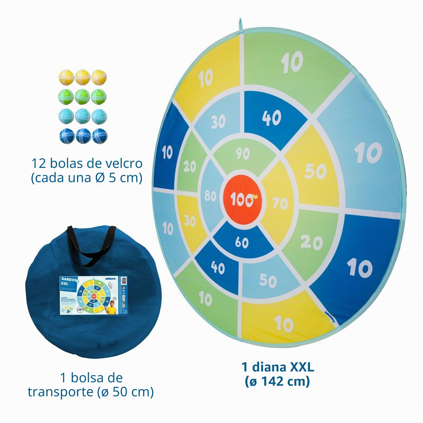 alldoro 60061 - Disco para Dardos XXL, 1 dardo desplegable, 12 Bolas de Velcro, 1 Bolsa de Transporte, Multicolor, diámetro de 142 cm, para niños a Partir de 3 años