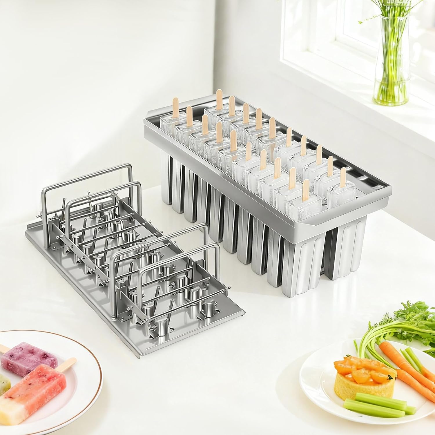 20Pcs Stainless Steel Ice Lolly Popsicle Molds Kit, Commercial Grade Ice Pop Molds, Frozen Popsicle Maker with Stick Holder, Single Cup Capacity 3oz, for Home, Ice Cream Shops and Cafes