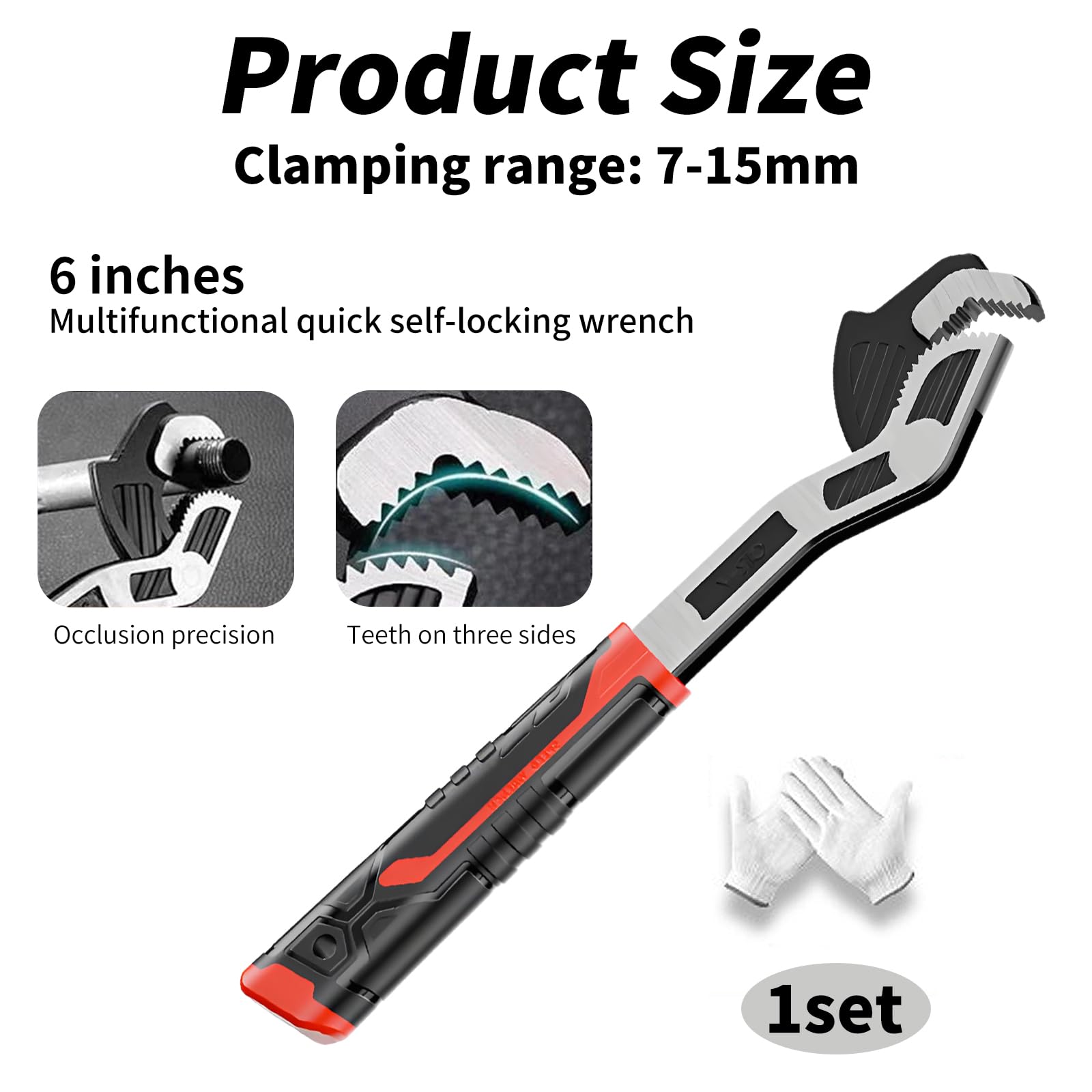 Wjelet Self Locking Wrench 6", Function Adjustable Spanner Chrome-Vanadium Steel, Strong Clamping, Large Opening 7-15mm - Image 2