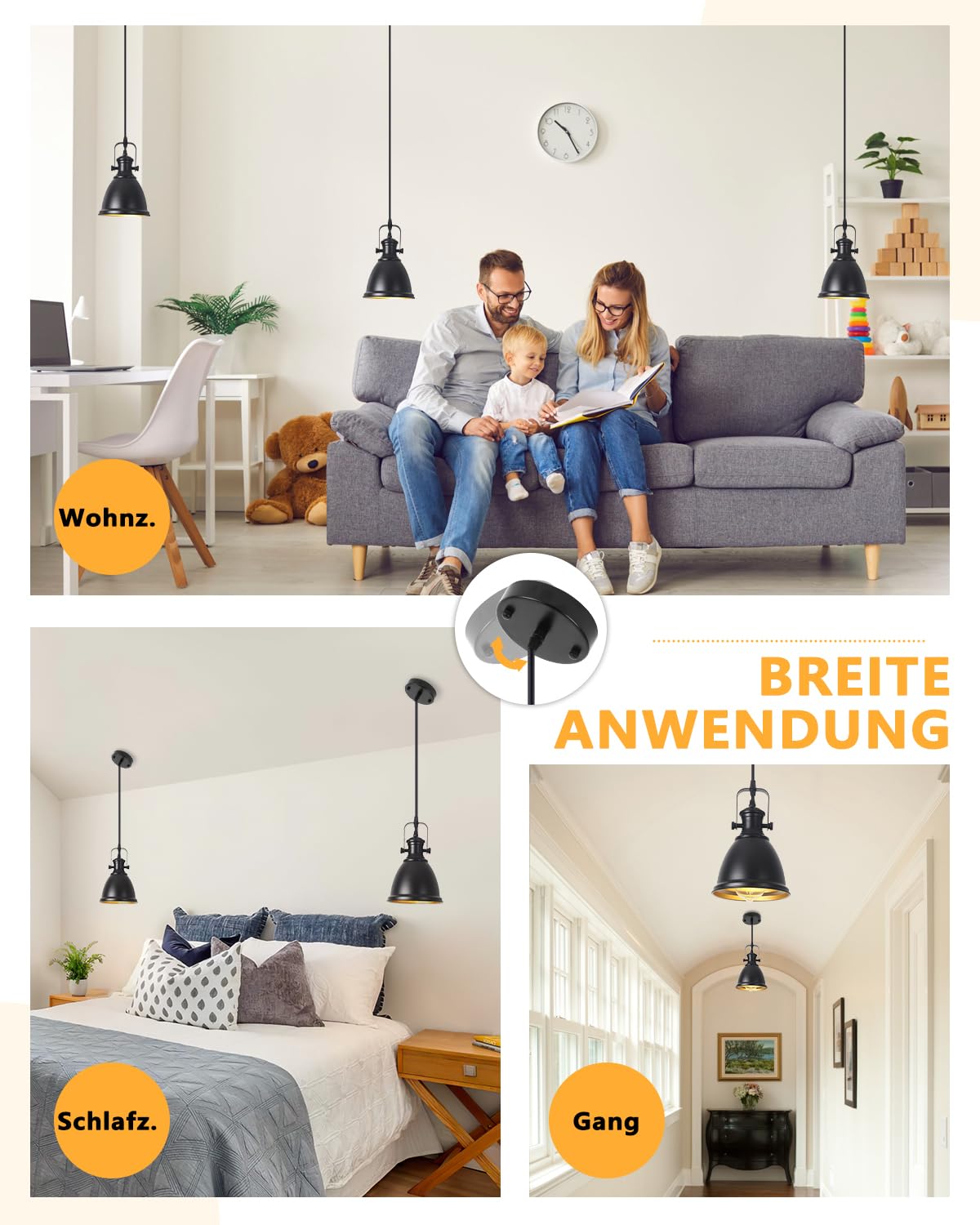 Industrielle Pendelleuchten 2 Stück Retro Pendelleuchte Esstisch Vintage Pendellampe aus Schwarze Metall, Hängelampe Schwarz Gold für Küche Bar Restaurant Wohnzimmer Schlafzimmer Ø16cm E27