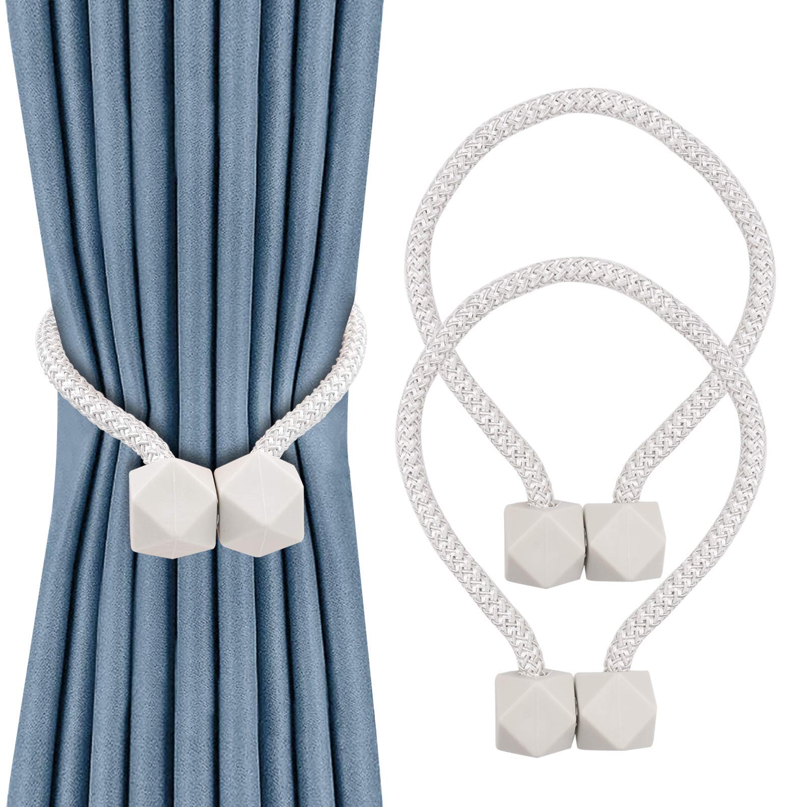 Magnetic Curtain Tieback, Window Tie Backs Holders for Home Office Decorative Rope Holdbacks Unique Design, No Tools Need (2pcs/Beige)