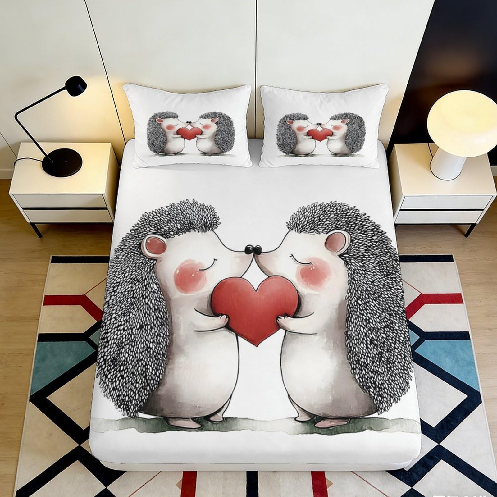 3D Printed Cartoon Hedgehog Fitted Sheet Microfiber Deep Pocket Bedding Set Hedgehog Mattress Fitted Cover Non-Slip Washable 160x200x25cm