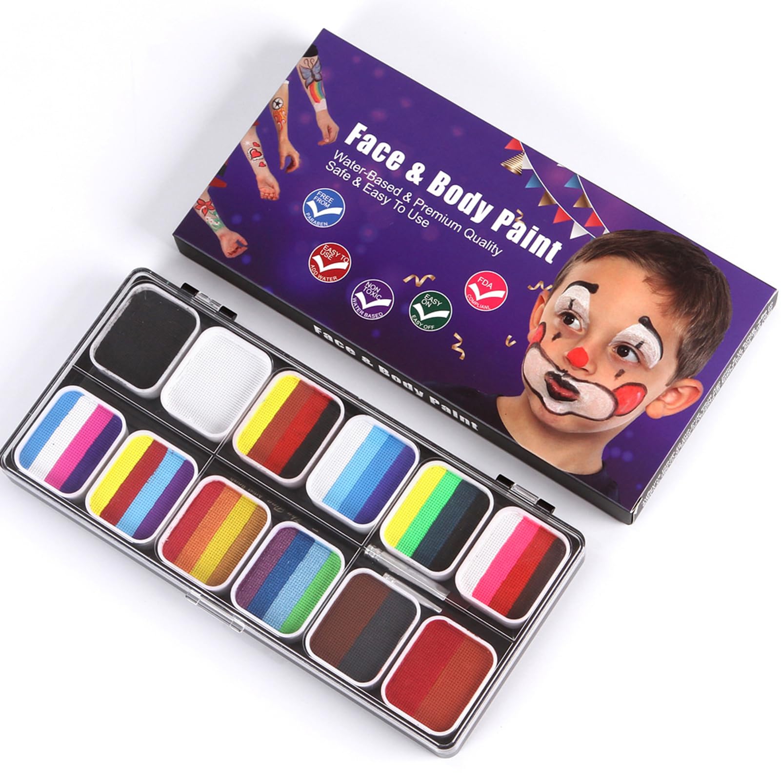 Pittura per il viso Set di 30 colori per acquerelli con 3 pennelli Kit attivato in modo sicuro per Halloween Costume Cosplay Party Festival Artisti Adulti (con 3 pennelli)