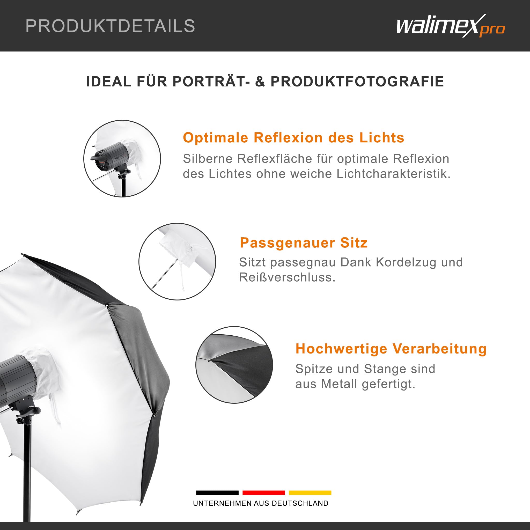 Walimex pro Riflettore softbox ombrello 109 cm - Soluzione professionale per riflessi ottimizzati nella fotografia di ritratti e prodotti con una vestibilità perfetta e una lavorazione di alta qualità