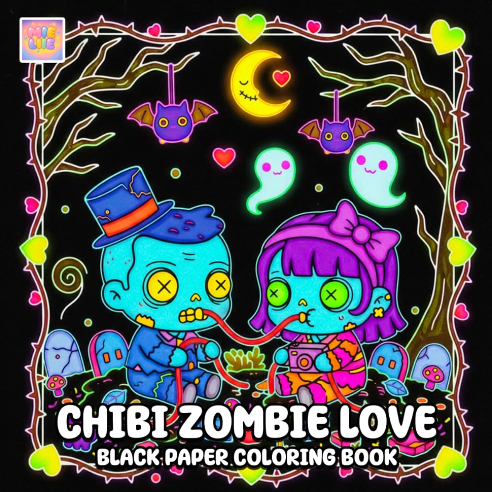 Chibi Zombie Love Black Paper Coloring Book: Cute Undead Love Scenes, Playful Chibi Characters, and Glowing Moments on Dark Background