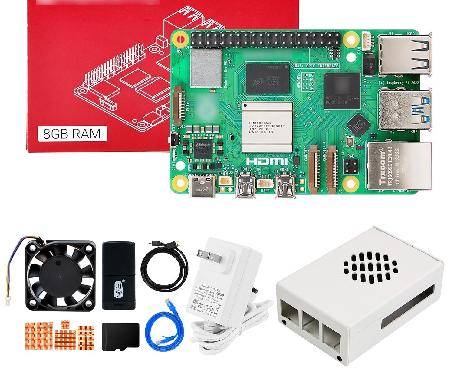 Yahboom Pi 5 8GB Starter Kit with 27W 5.1V/5A Power Adapter Heat Sink and Metal Case 64GB TF Card (Pi5 8GB, Metal Case Kit)