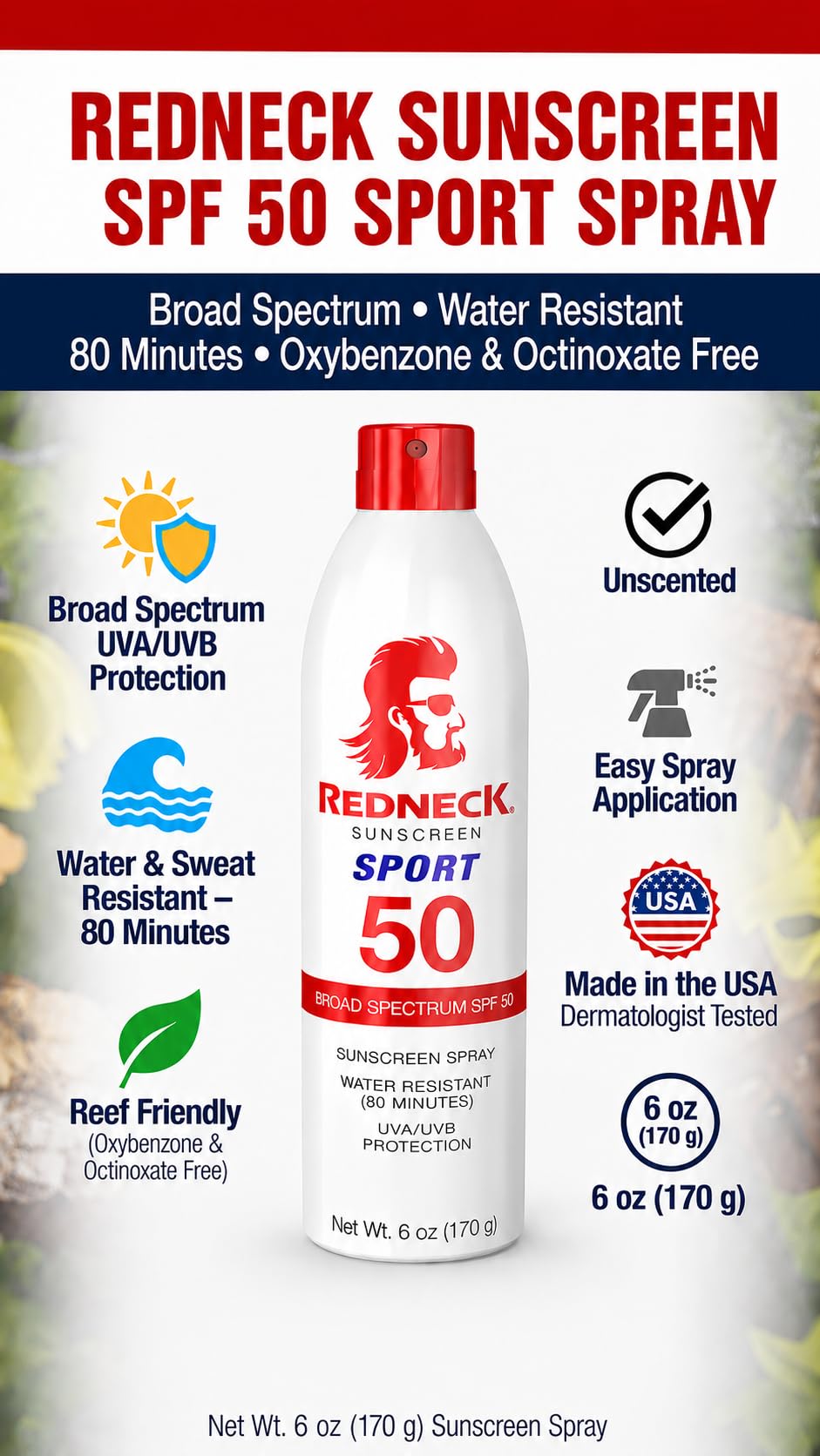 Redneck - Protezione solare, 170 ml, SPF 50, spray sportivo, resistente all'acqua e al sudore, non irritante