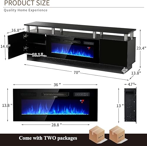 Miniatura 2 de oneinmil Soporte de consola de TV de 2 niveles con chimenea eléctrica de 36 pulgadas, centro de entretenimiento con luz LED para televisores de