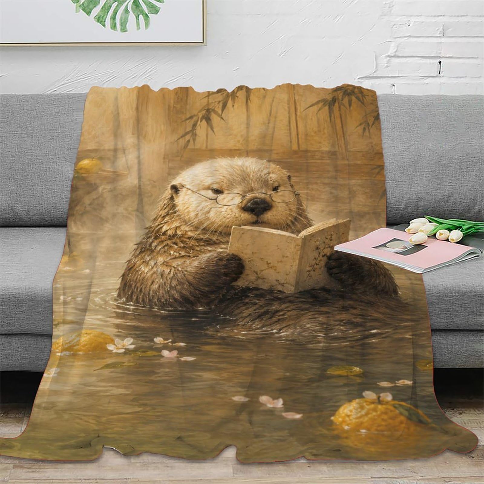 W7C8U2X3 Reading Otter Hot Spring Blanket, Flannel, Nap, Cozy Reading Art