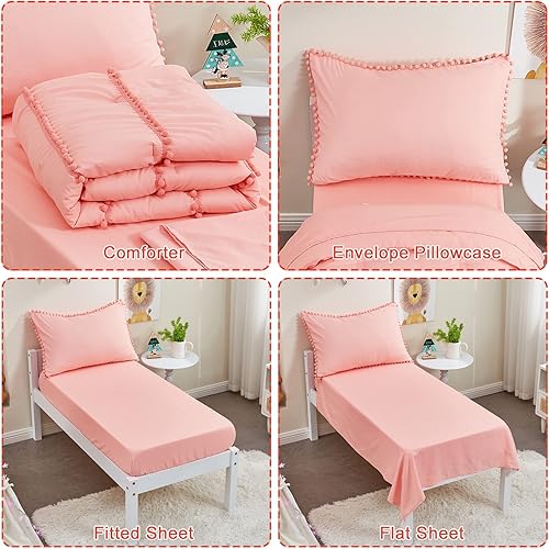 Miniatura 6 de DECMAY Juego de edredón rosa coral para niñas, juego de ropa de cama de cuna rosa bebé con 6 flecos de pompones, edredón bohemio rosa con sábana