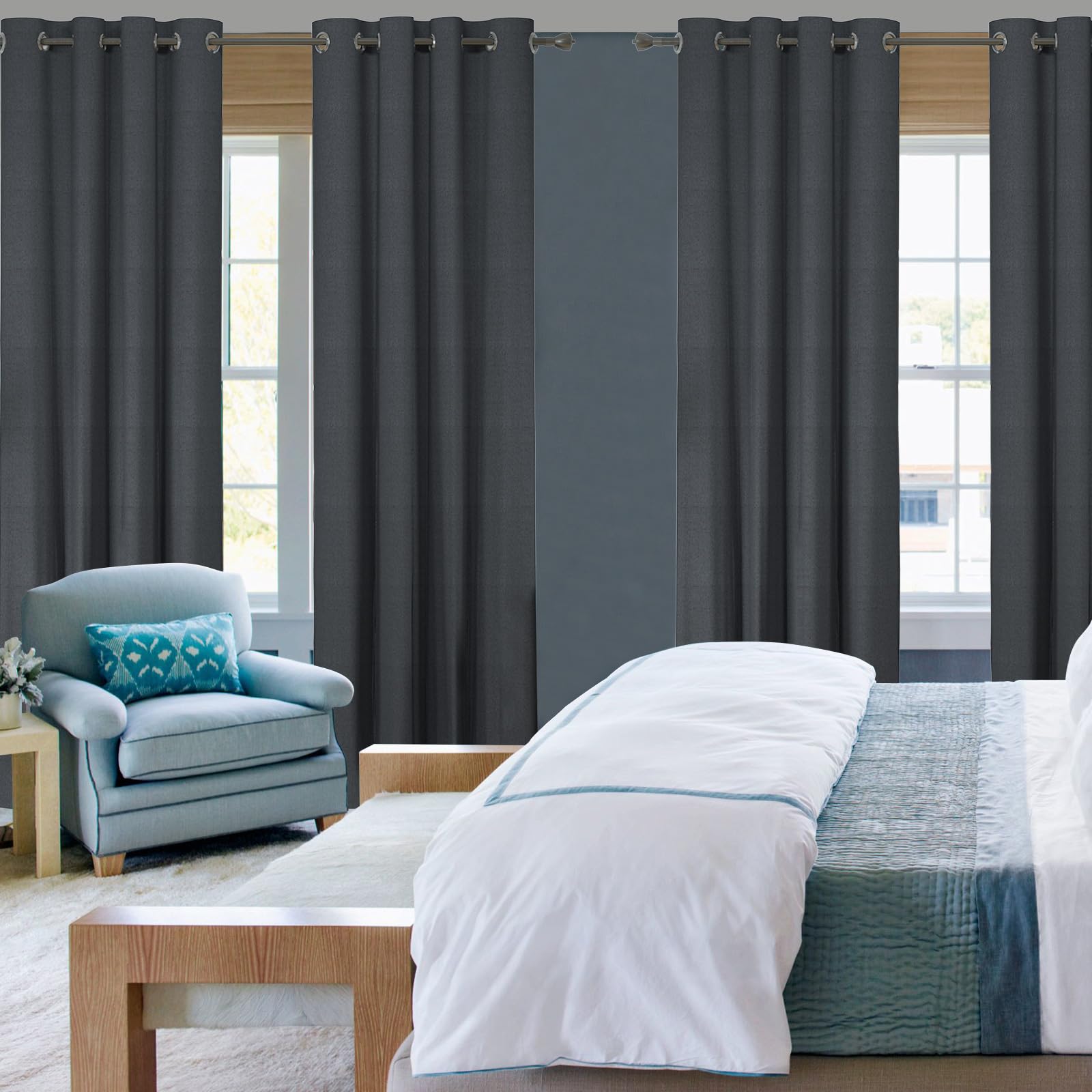 YSTELLAA Rideau 100% Occultant Lot De 2, 140×180cm, Effet Lin, Rideau Thermique Isolant Anti Froid Et Chaleur, Rideaux Anti Bruit, avec Oeillet, pour Salon Et Chambre, Gris