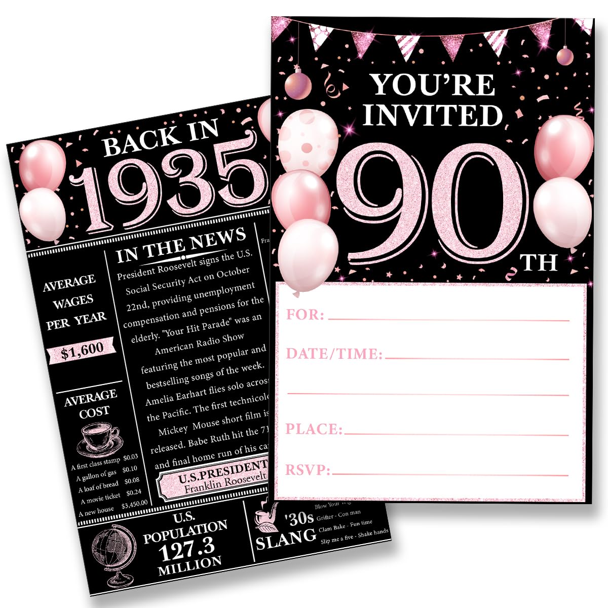QZJ 90th Birthday Party Invitations for Women Men - Back in 1935 Invites Pink 90 Year Old Birthday Invitations Set (20 Invites and Envelopes)
