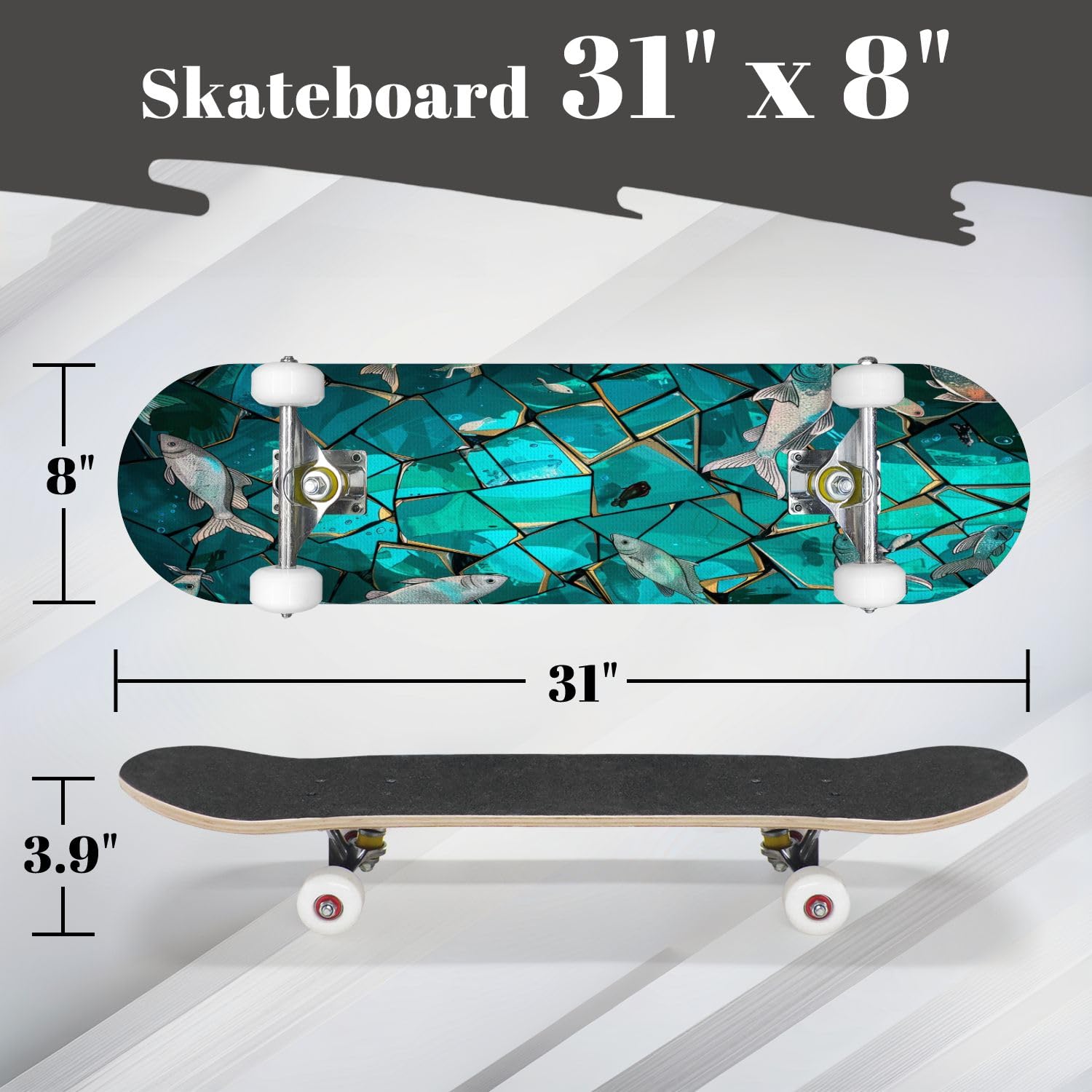 Complete Skateboard with Stained Glass Sea Fish Schooling Poster Beginner Skateboard 7-Layer Maple Wood Double Kick Concave Skateboards for Kids, Adults, Teens 31