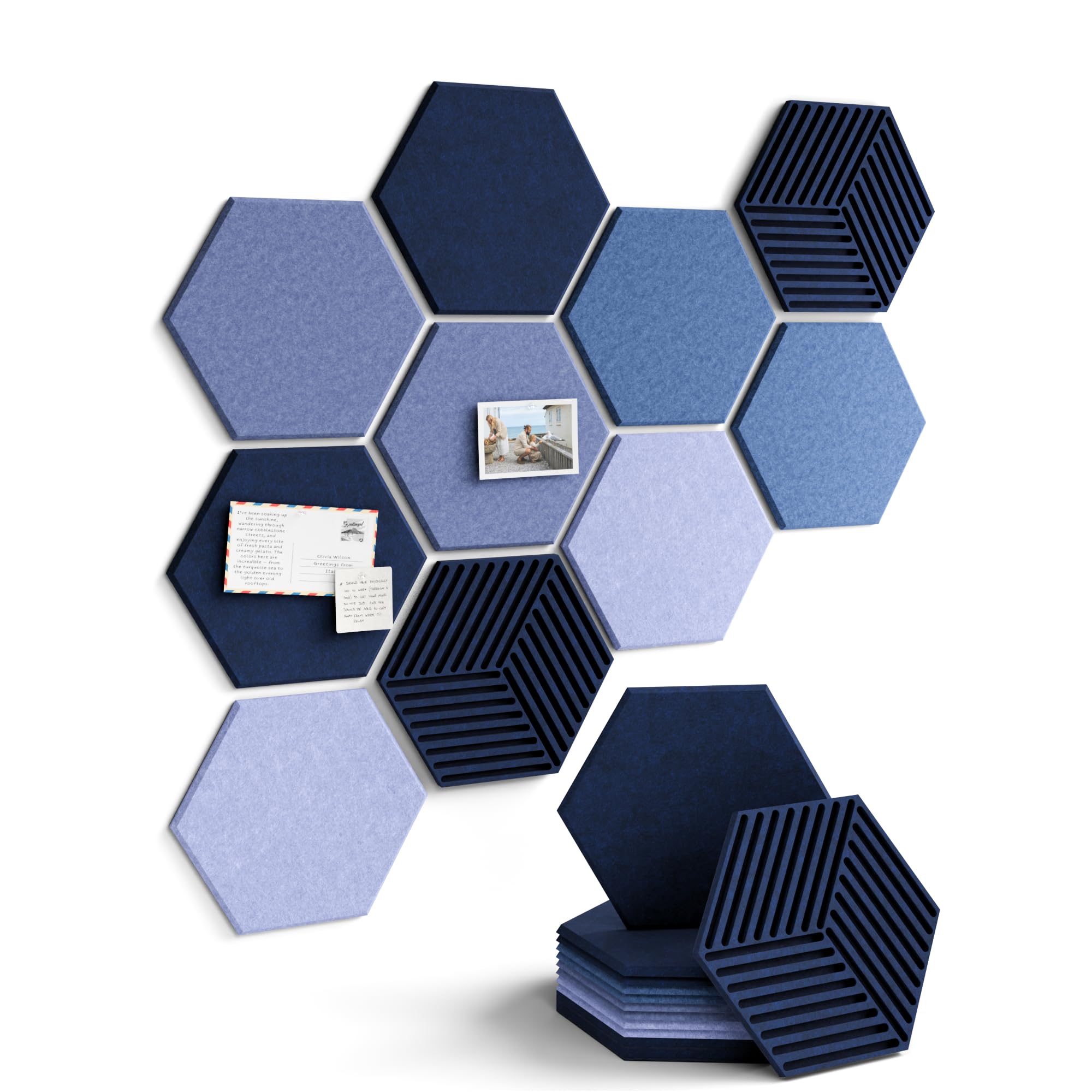 Fluxynara Hexagon Cork Board Alternative for Walls Decor-10-Pack Felt Bulletin Board Tiles,with 30 Pushpins,50 Adhesive Tabs for Office,Classrooms & Home Pin Board Felt Board-Denim Mist