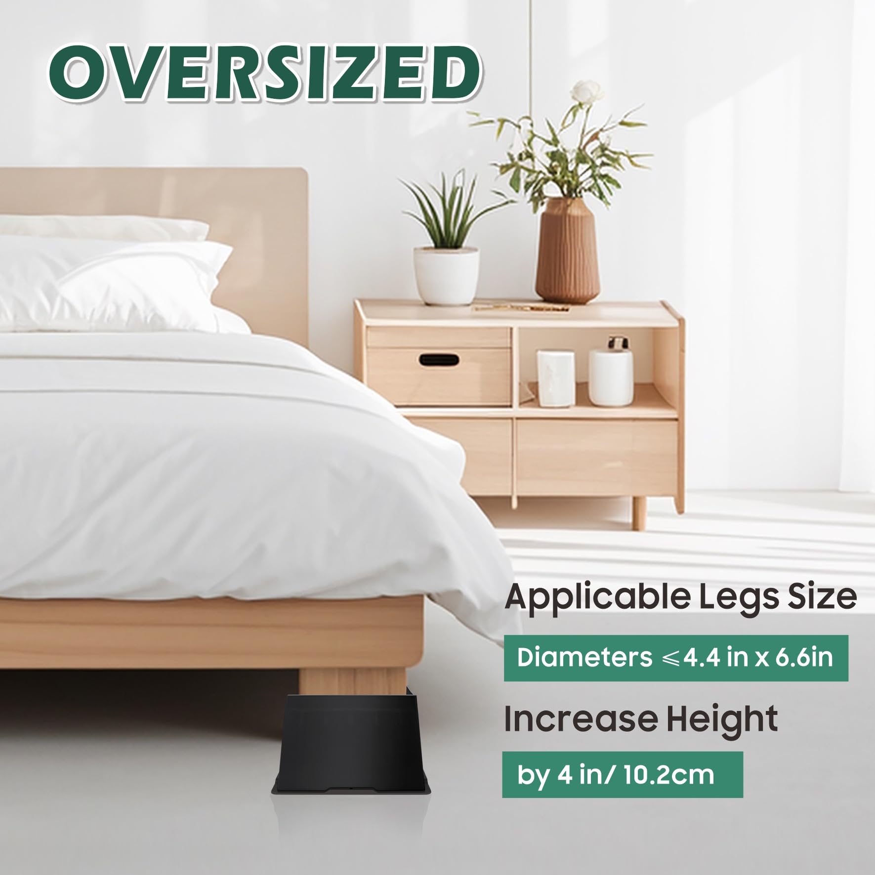 Elevadores de cama de 4 pulgadas, resistentes, rectangulares, en forma de L, antideslizantes, para sofá, mesa, silla, paquete de 4, color negro (paquete de 4, 4 pulgadas)