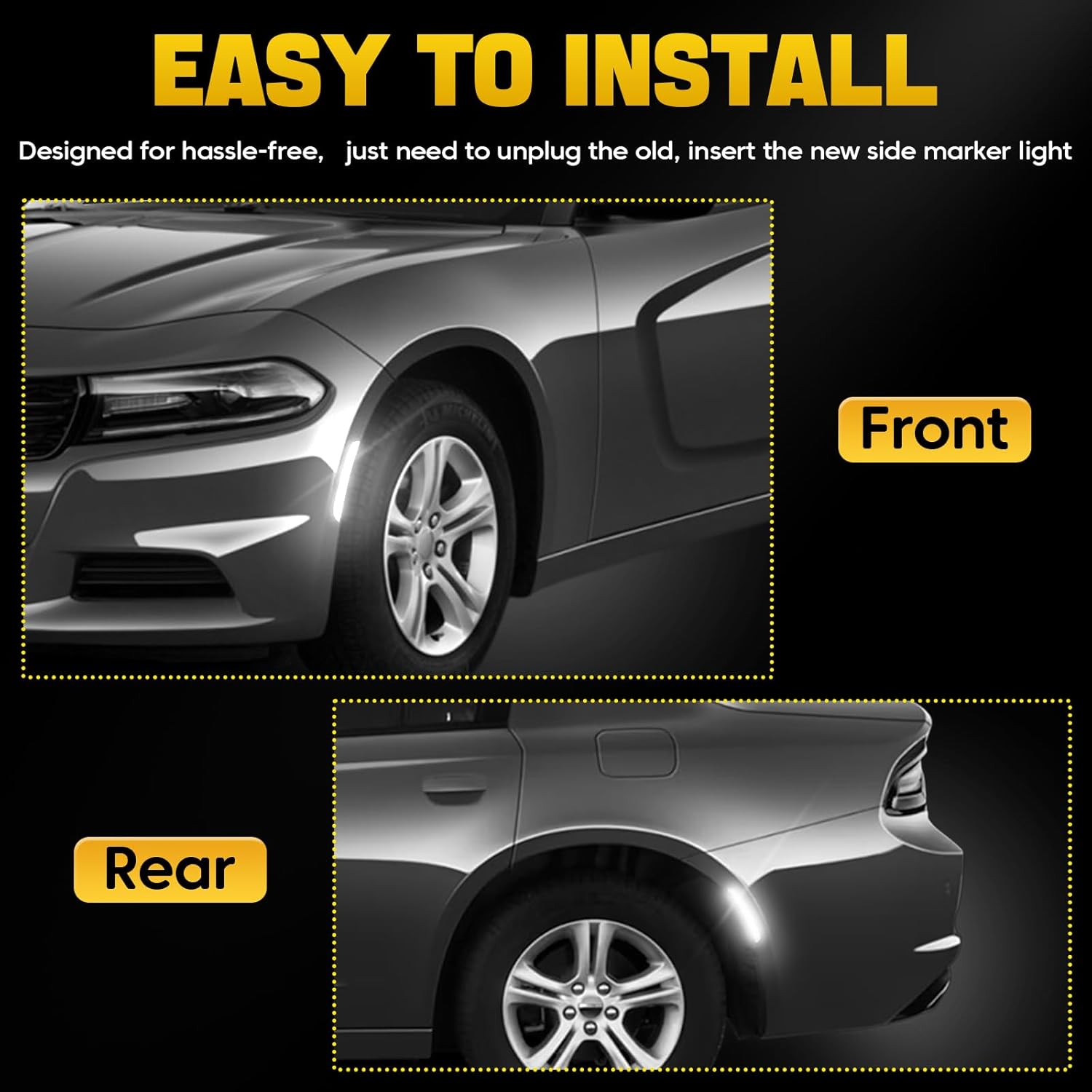 White LED Side Marker Lights Compatible with Dodge Charger 2015-2023, Front & Rear Bumper Smoked Lens Reflector Lamps Replace# 68214405AA 68214404AA 68214127AA, 4PCS