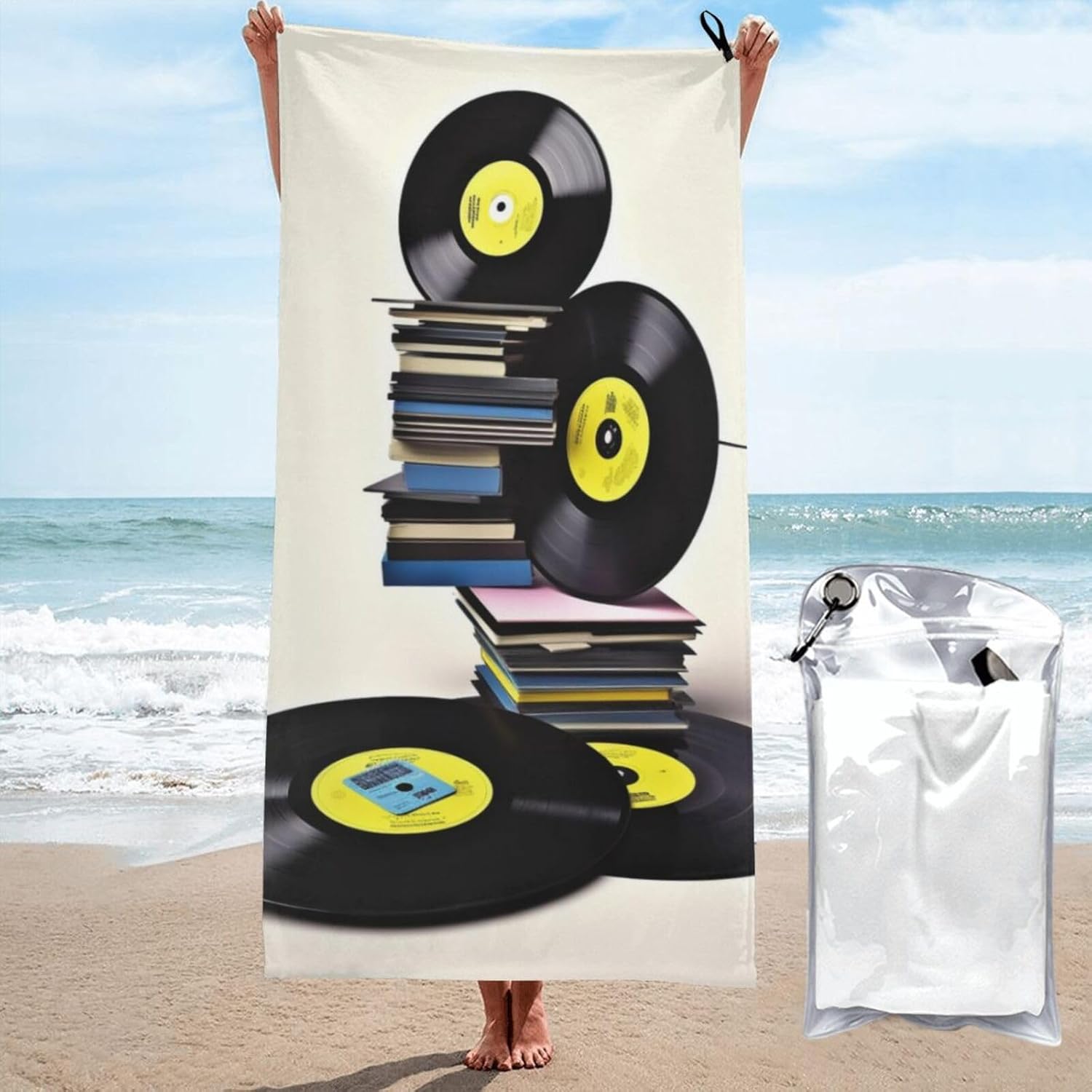 Vinyl Records and Tapes Printed Microfiber Towel,Camping Towel,Fast Drying Towel,Soft Lightweight for Gym,Hiking,Yoga,Backpacking, White