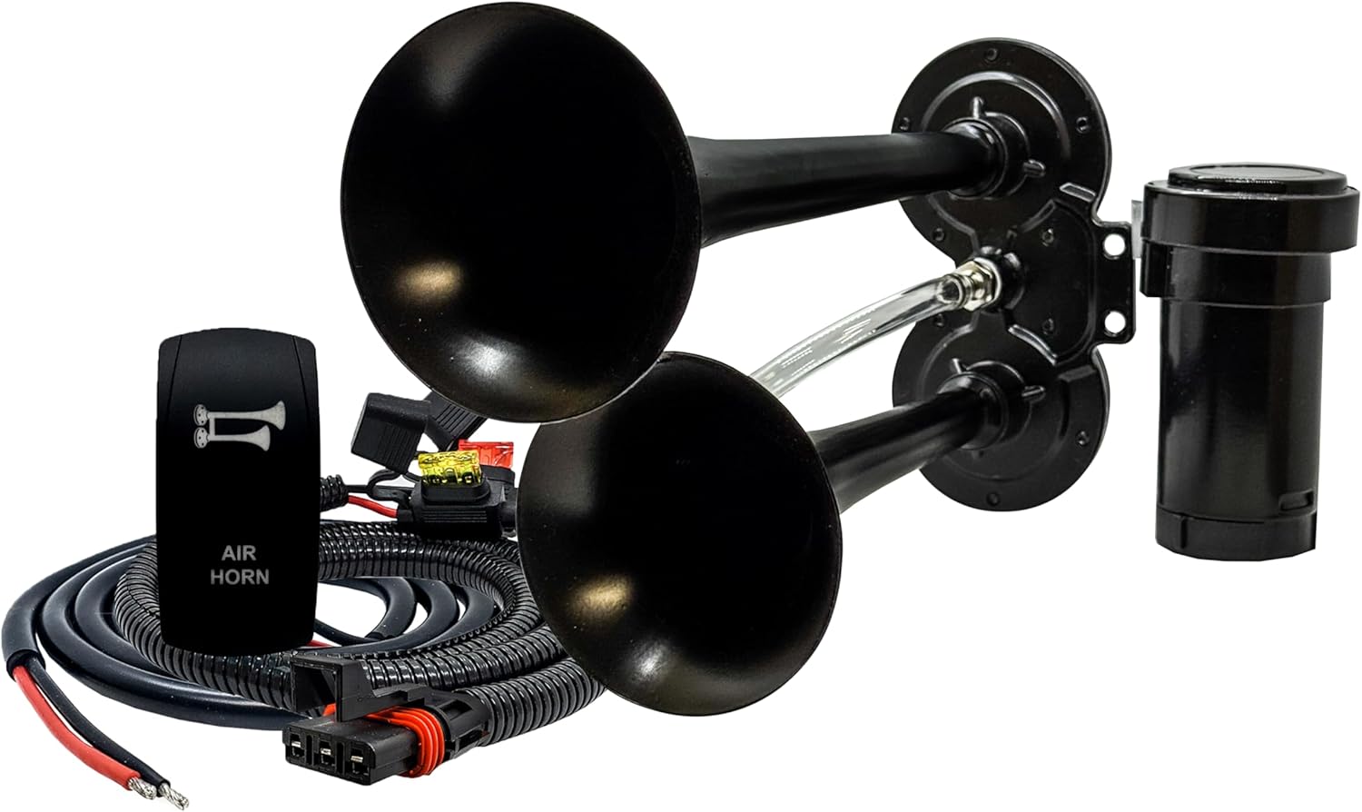 OZ-USA 150dB Dual Trumpet Off-Road Air Horn Kit with Pulse Power Busbar Plug Wiring Harness and Momentary ON/OFF Rocker Switch – Compatible with Polaris RZR Ranger General Trail S & XPEDITION ADV