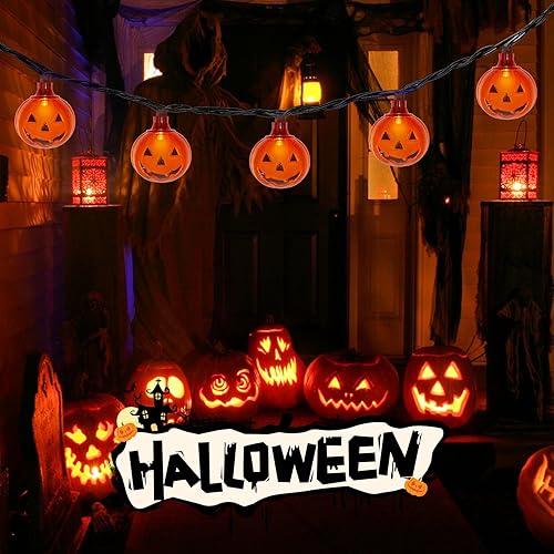 Miniatura 7 de Luces LED de calabaza de Halloween para exteriores, 8.5 pies, luces decorativas de Halloween con 10 luces LED transparentes de calabaza naranja