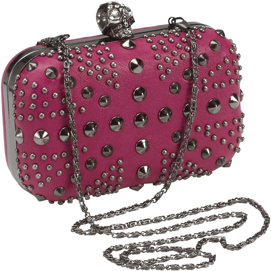 WOMENS SKULL CRYSTAL CLASP STUDDED UNION JACK HARD CASE EVENING CLUTCH BAG (7" x 4")