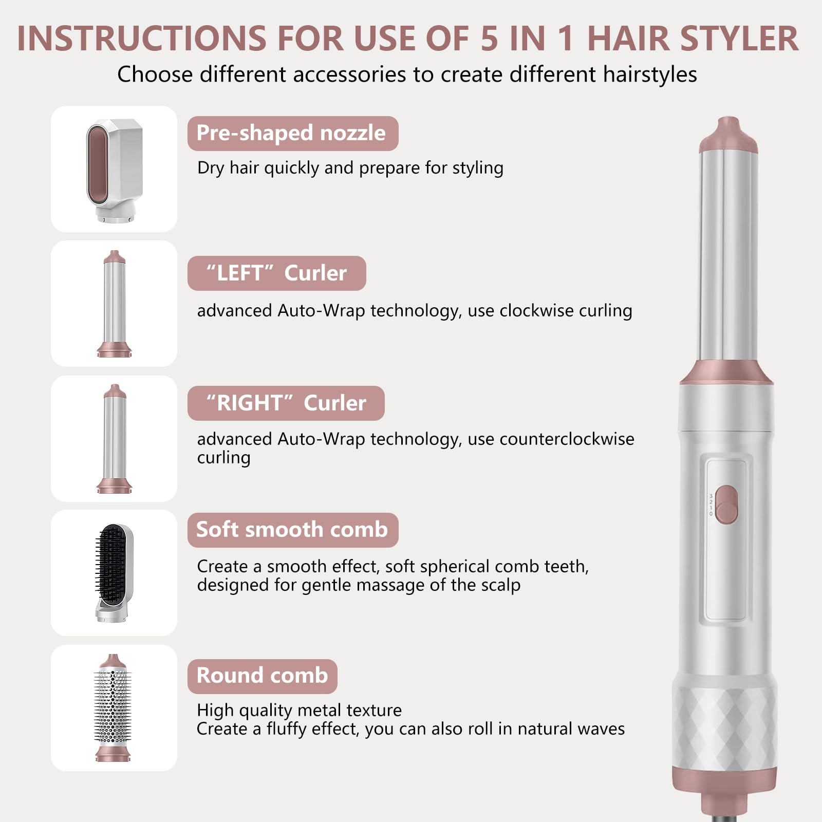 TANSHINE 5 en 1 Brosse Soufflante Air Styler, Auto Hair Wrap Seche Cheveux Boucler, Brosse Lissante Pour Cheveux, Sécher, Volumateur, Lisser, Magic Twist Brosse Thermique Chauffante Brushing