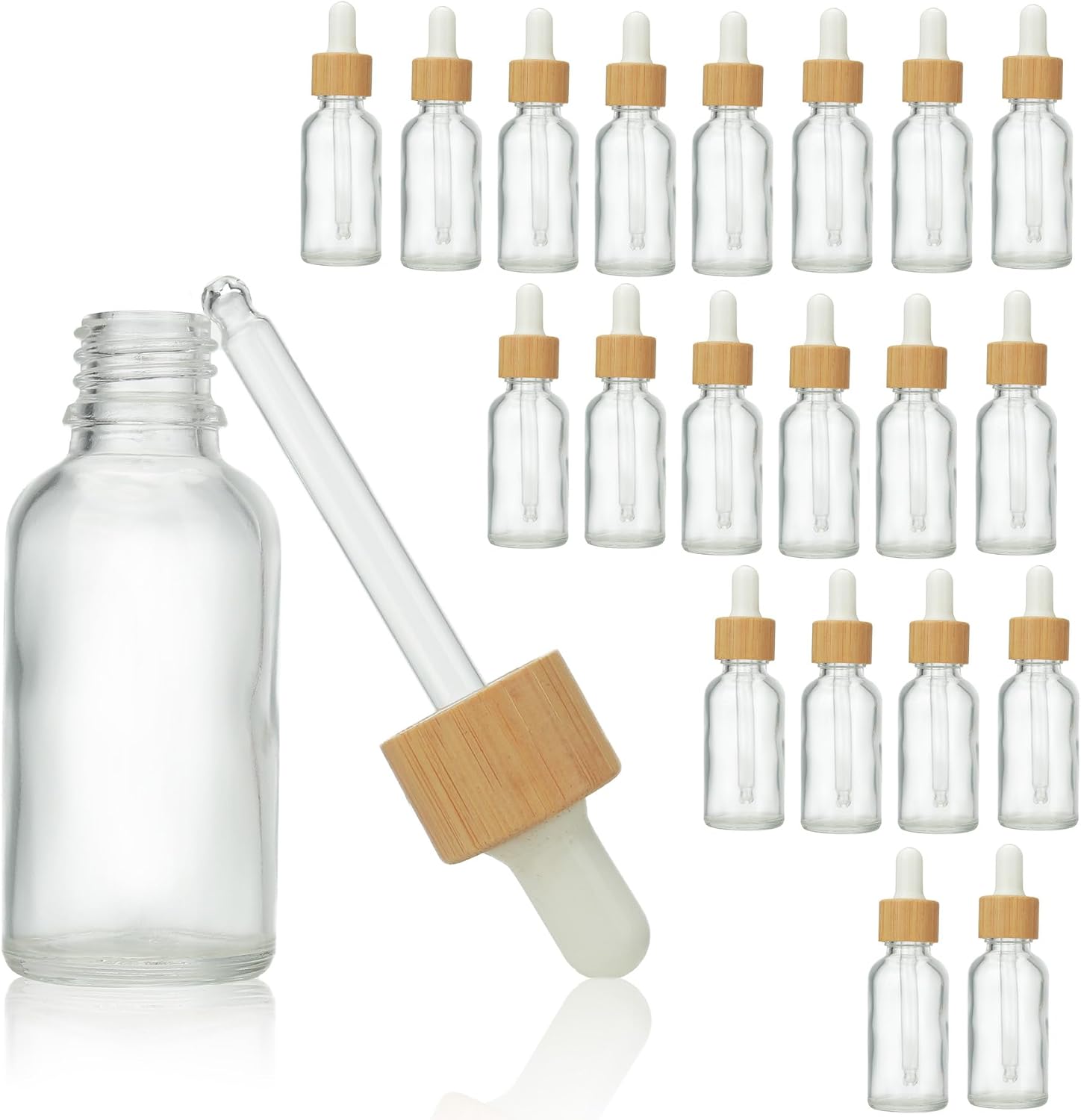 COSIDEA 20pcs Empty Clear Round 30ml 1oz Glass bottle with Bamboo dropper for Serum essence oil bottles container packing