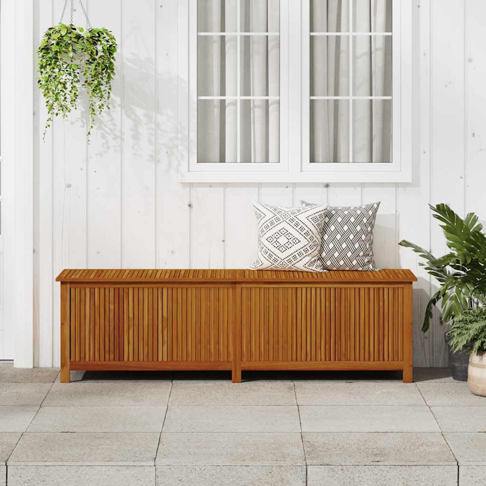 Gecheer Scatola portaoggetti da giardino in legno di acacia massiccio, 200 x 50 x 58 cm (larghezza x profondità x altezza), con 2 molle a gas