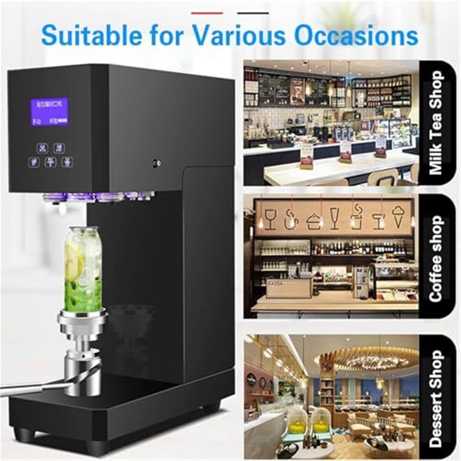 Machine à sceller les canettes automatique, écran LCD – Scelleuse de tasses commerciale portable for thé au lait, café, desserts – 110 V/220 V, convient aux tasses de calibre 5,5 cm(Black)