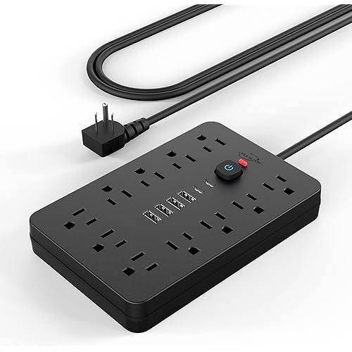1JouleLoom Power Strip Surge Protector with 11 Outlets, 4 USB and 2 USB C Ports, 5 Ft Extension Cord, Flat Plug, Wall Mount, Overload Protection Desk USB Charging Station for Home, Office（Black）