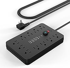 1JouleLoom Power Strip Surge Protector with 11 Outlets, 4 USB and 2 USB C Ports, 5 Ft Extension Cord, Flat Plug, Wall Mount, Overload Protection Desk USB Charging Station for Home, Office（Black）