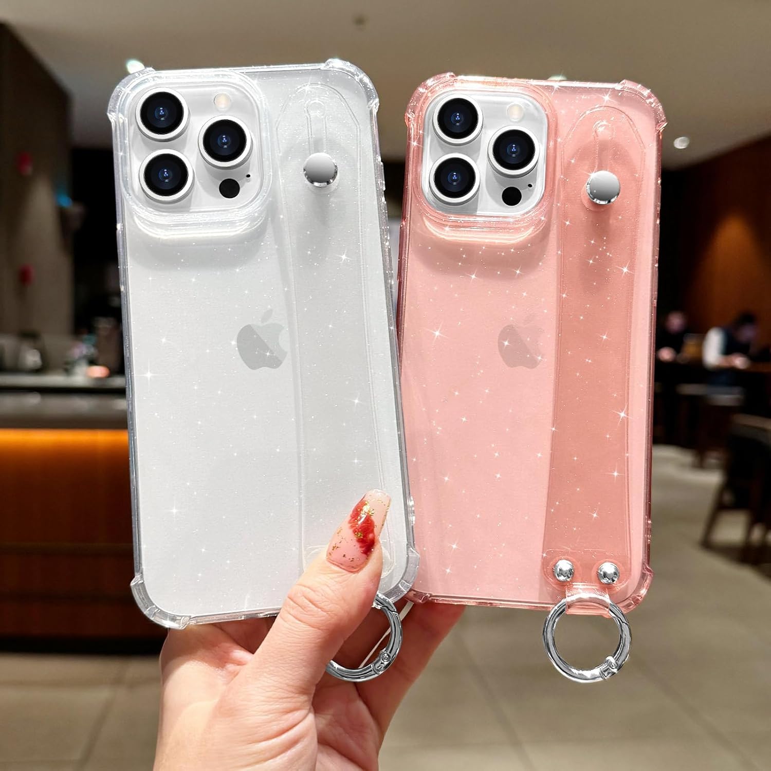 for iPhone 15 Pro Case Clear Glitter with Strap, Soft Silicone Back Cover, Adjustable Hand Strap for Women Girls Sparkle Bling TPU Protective Phone Case for iPhone 15 Pro 6.1", Pink - Image 3