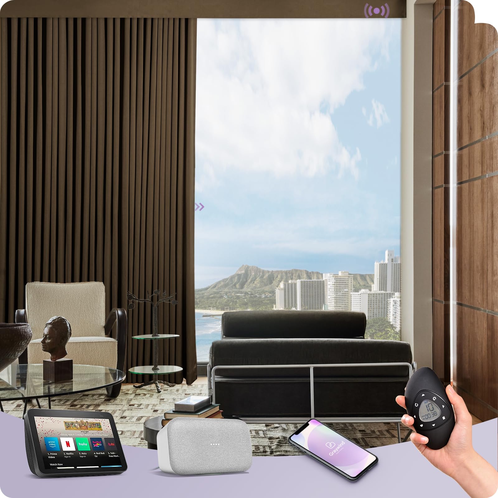 Graywind Hardwired Smart Curtains Motorized Curtains with Remote Alexa Google Control for Sliding Door Room Darkening Drapes One-Way or Split Draw Joinable Curtain Custom Width to 207" (Carob Brown)