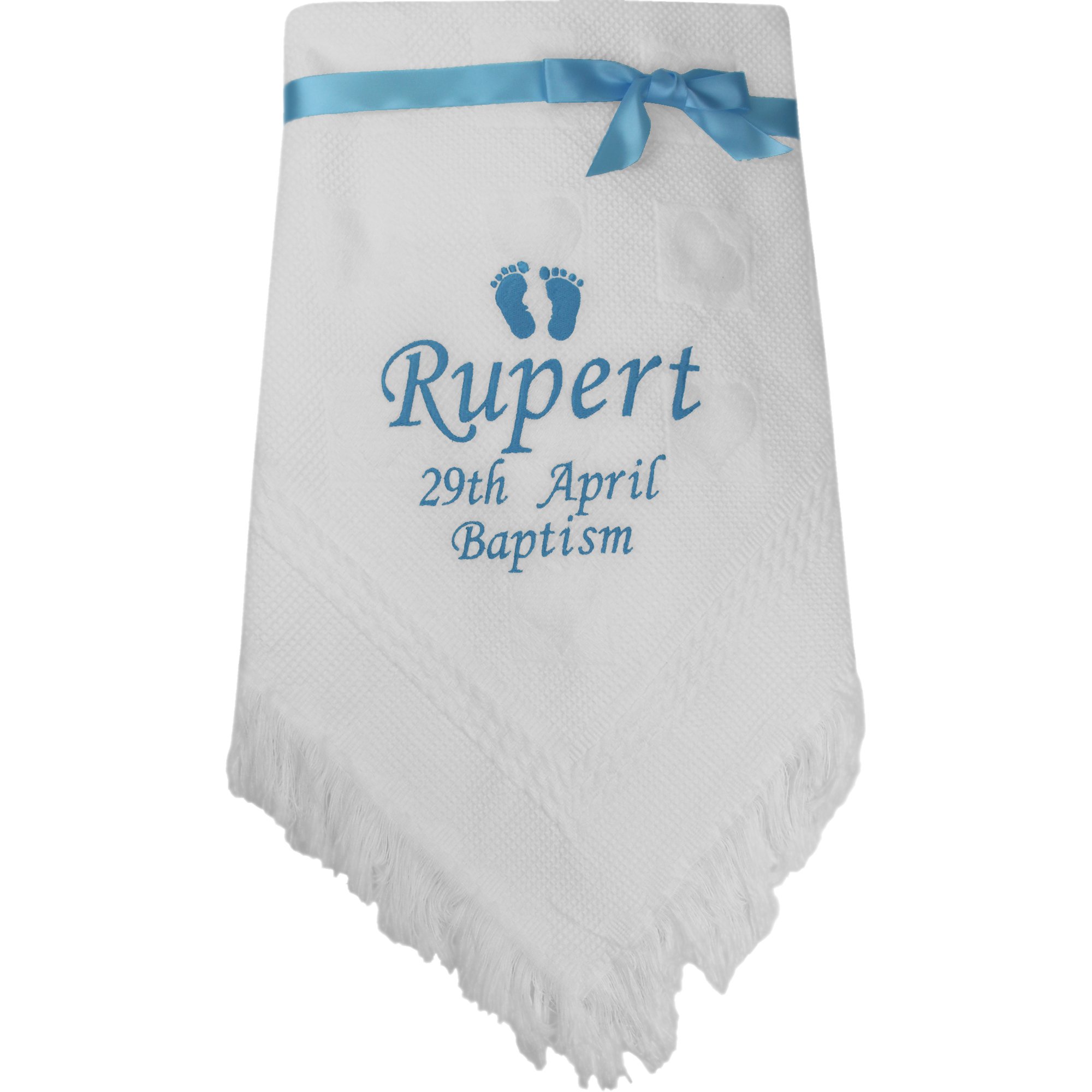 Personalised Baby Boy's Baptism White & Blue Shawl Blanket Gift with Name Embroidery