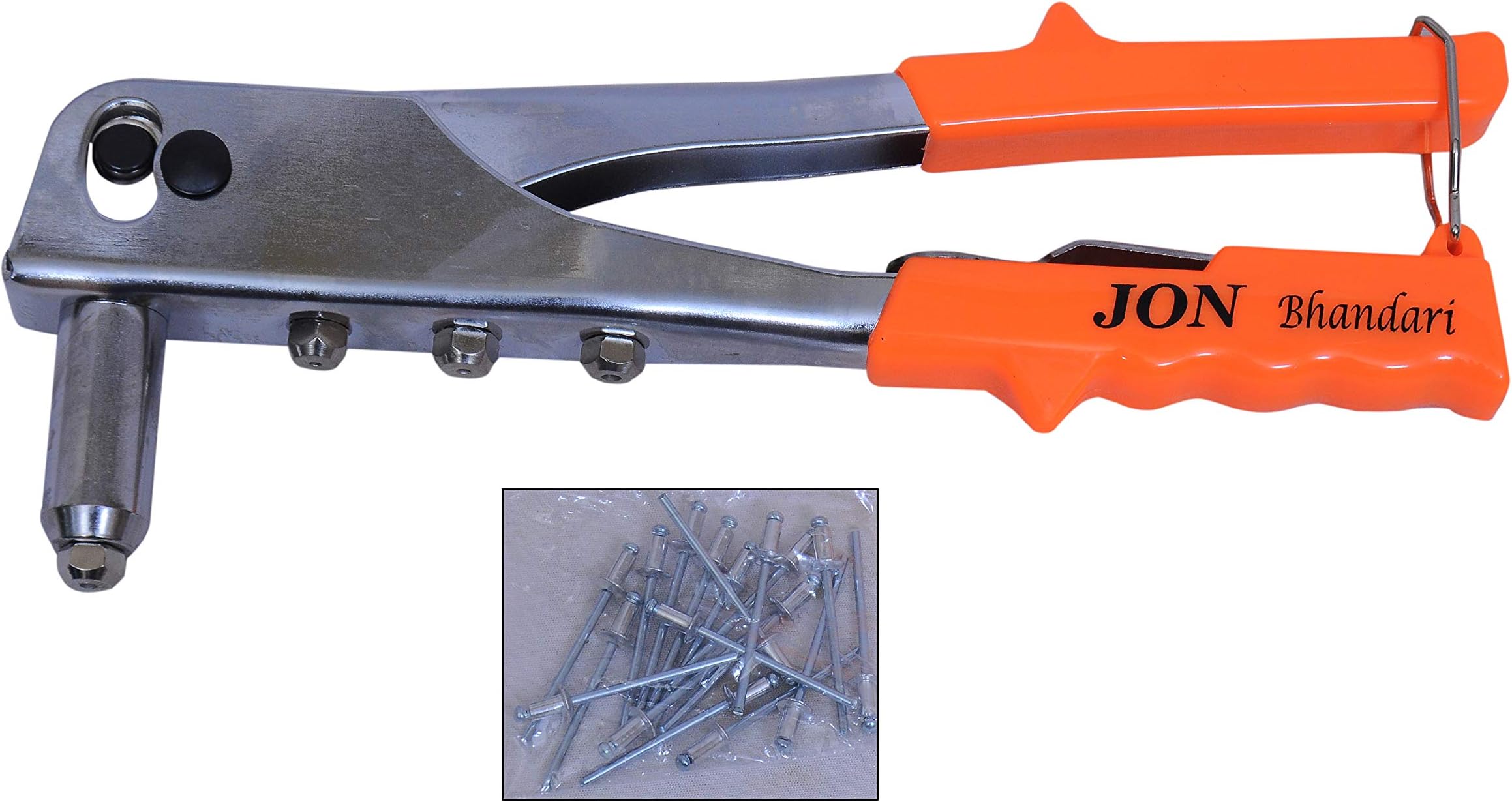 Jon Bhandari Tools Hand Riveter 10โ | Heavy-Duty Pop Rivet Gun with Nosepieces & Rivets | Fastening Tool for Sheet Metal, Leather, Plastic & DIY Repairs | Sizes: 3/32โ, 1/8โ, 5/32โ, 3/16โ
