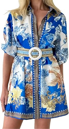 Recious Womens Sexy Short Puff Sleeve Lapel Button Bodycon Party Clubwear Beach Vacation Belted Mini Dress