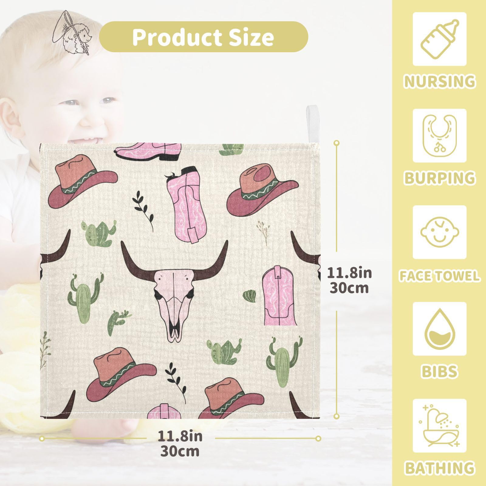 Kigai Cowboy Boots and Cow Bones Baby Washcloths,5pcs Ultra Soft Absorbent Towel,Newborn Bath Face Towel, Natural Reusable Baby Wipes for Sensitive Skin, Baby Registry as Shower