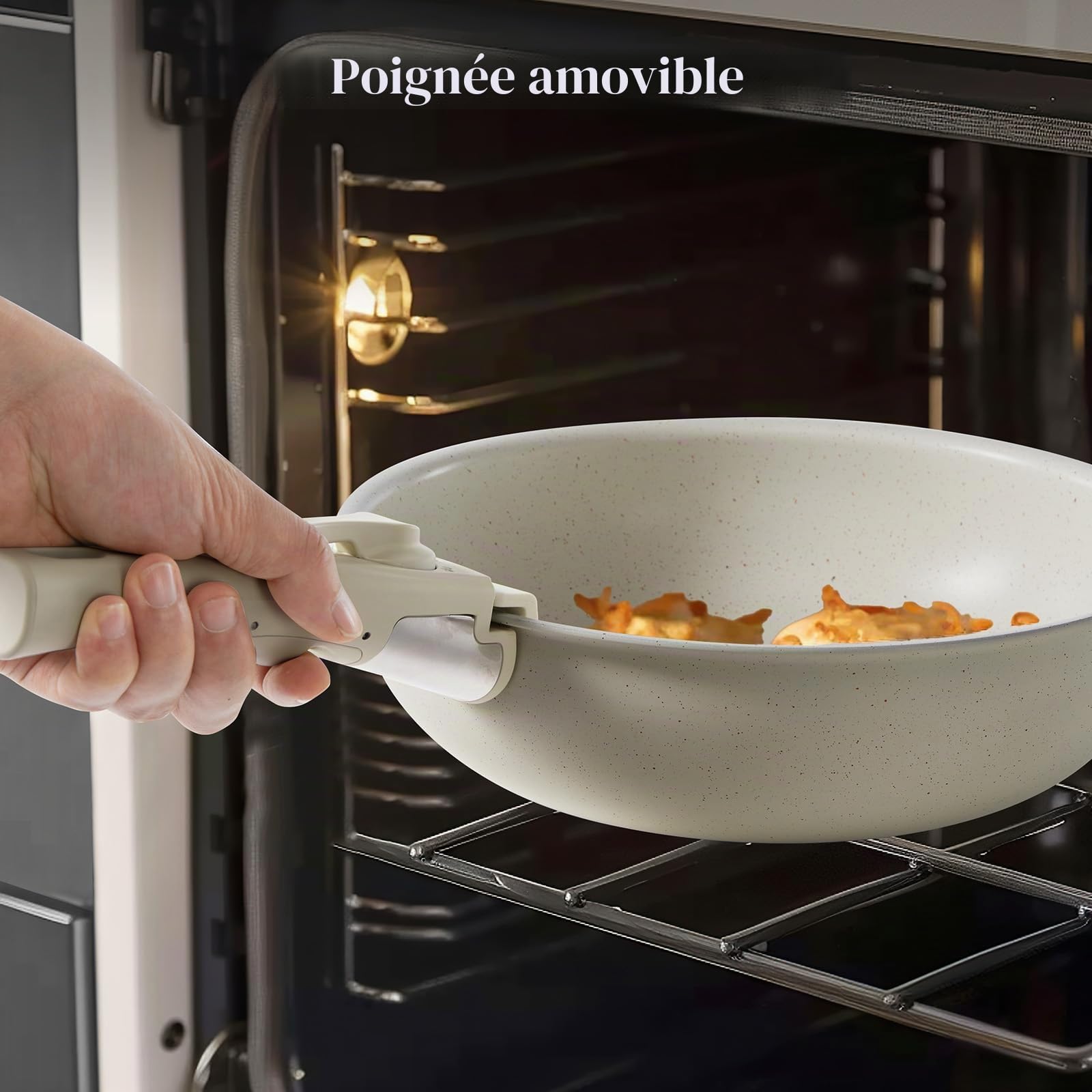 JHK Ensemble de casseroles et poêles 12 pièces – Batterie de cuisine antiadhésive avec poignée amovible – Ustensiles de cuisine pour vos besoins de cuisine à la maison, beige