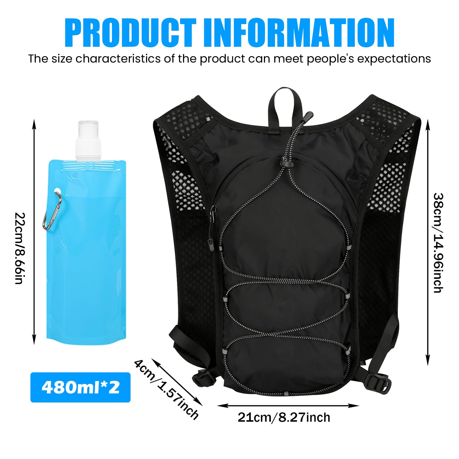 Gilet de course pour homme et femme - Imperméable - Réfléchissant - Avec 2 bouteilles d'eau de 480 ml - Gilet d'hydratation réglable - Pour la course à pied, les marathons, le cyclisme, la