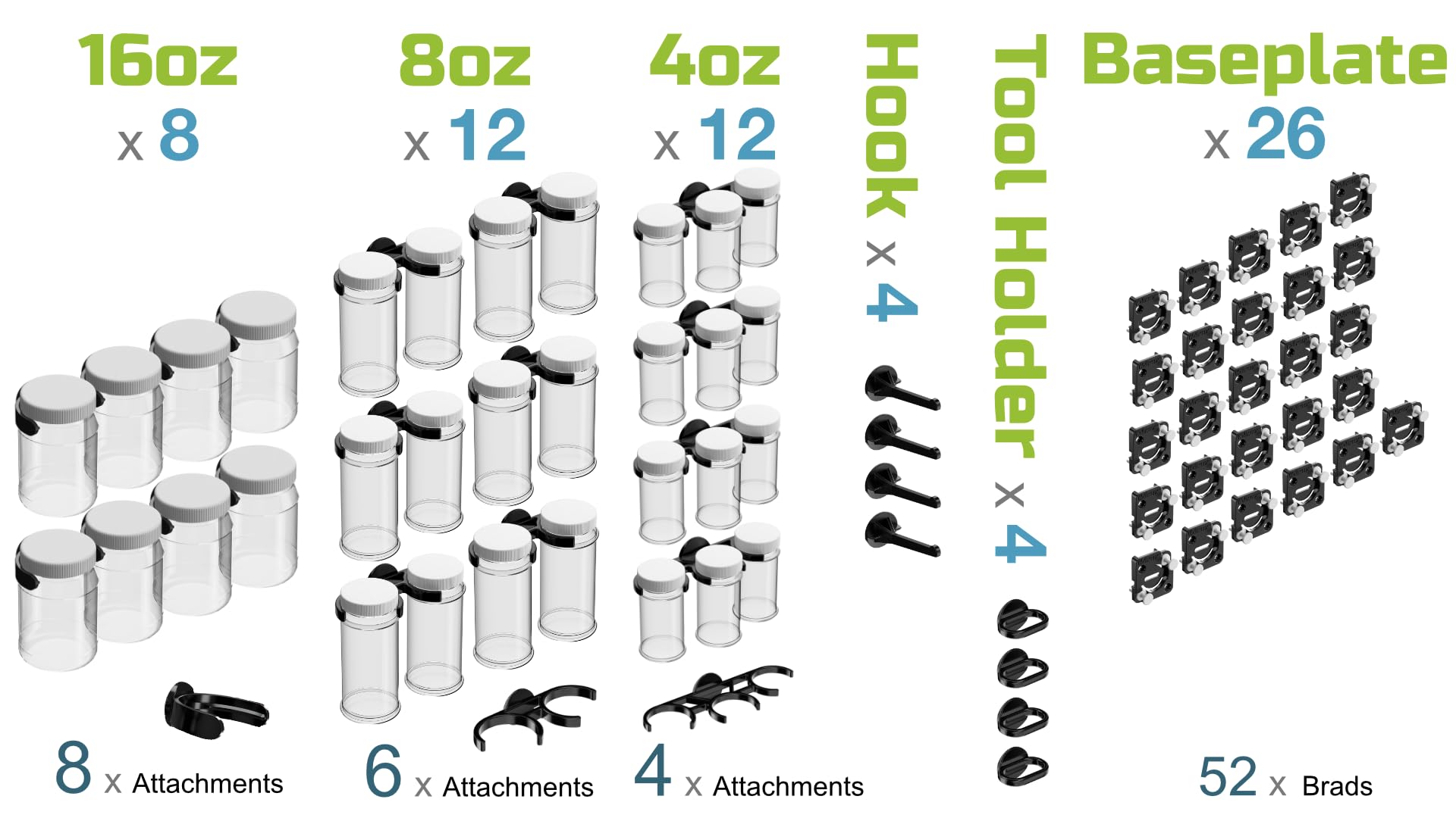 Wallwerx 26-Piece Storage and Organization Kit, Quick Install, Wall-Mounted Hooks, Tool Holders, and Jars-16oz, 8oz, 4oz