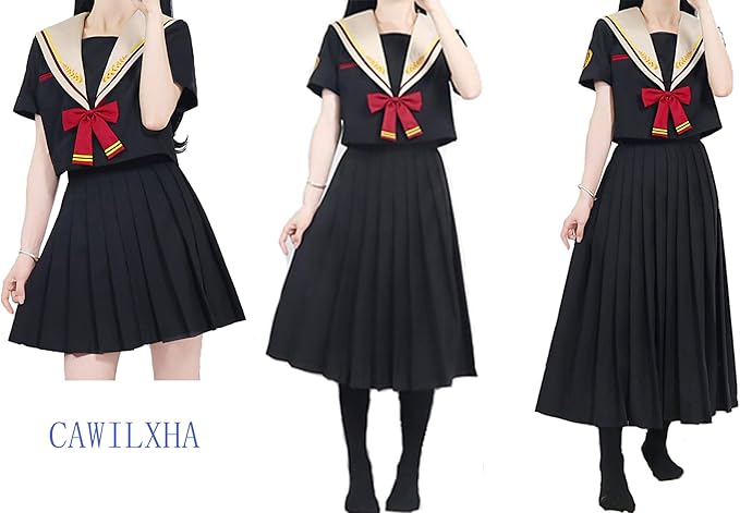 Amazon まるこの猫柳 金の穗 百合の穂 セーラー服 半袖 黒 金色の刺繍 ミニスカート ロングスカート ファスナー式 可愛い コスプレ コスチューム 女子高生 学園祭 文化祭 仮装 本格制服 半袖セットa M コスプレ 仮装 通販